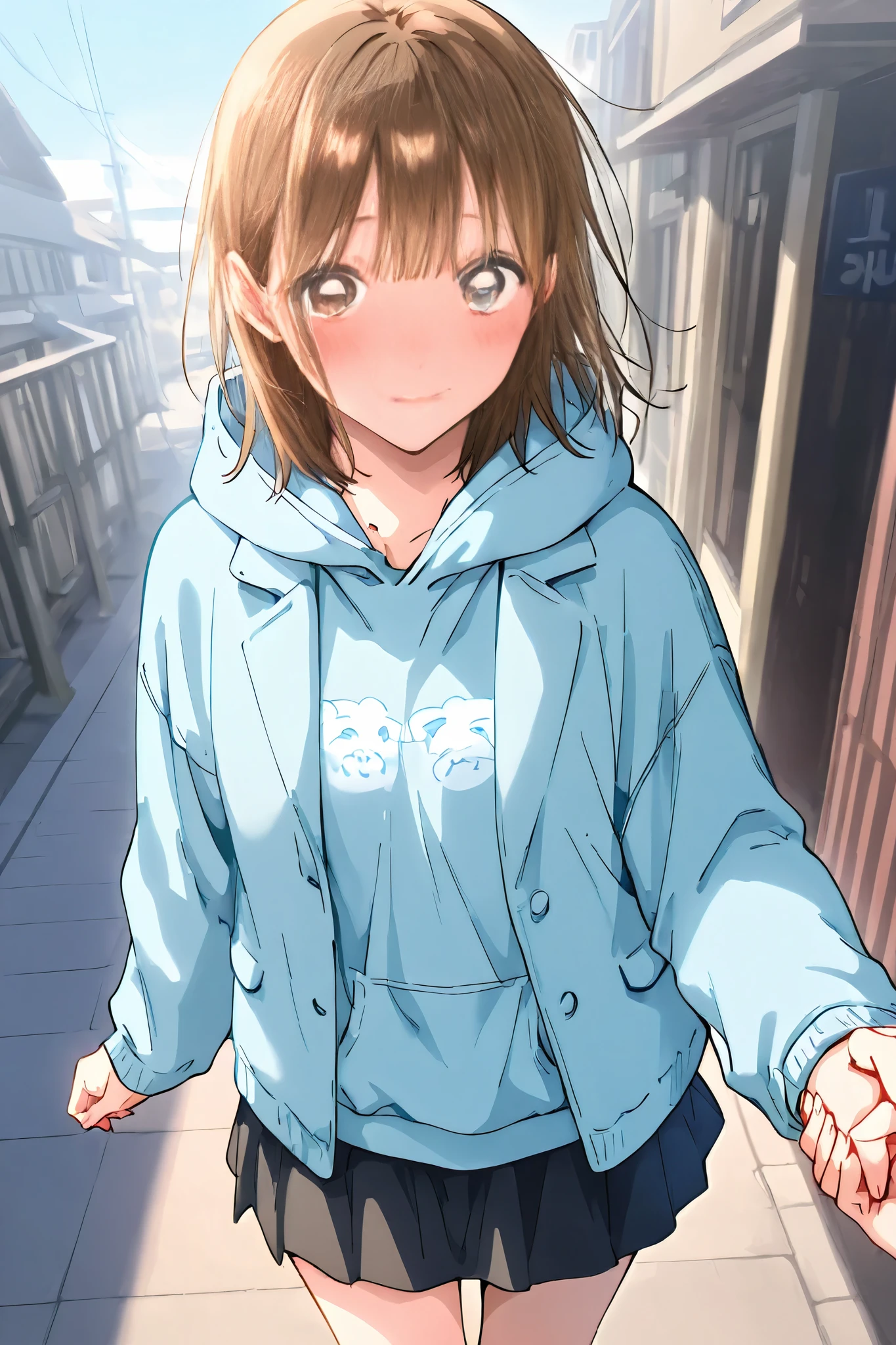 beauties、 Hair、medium hair、brown eyes、blush、shy、turning、Holding hands、Light blue hoodie、front opening、miniskirt、gravure、Outdoors、Date、Cool feeling、top quality、masterpiece