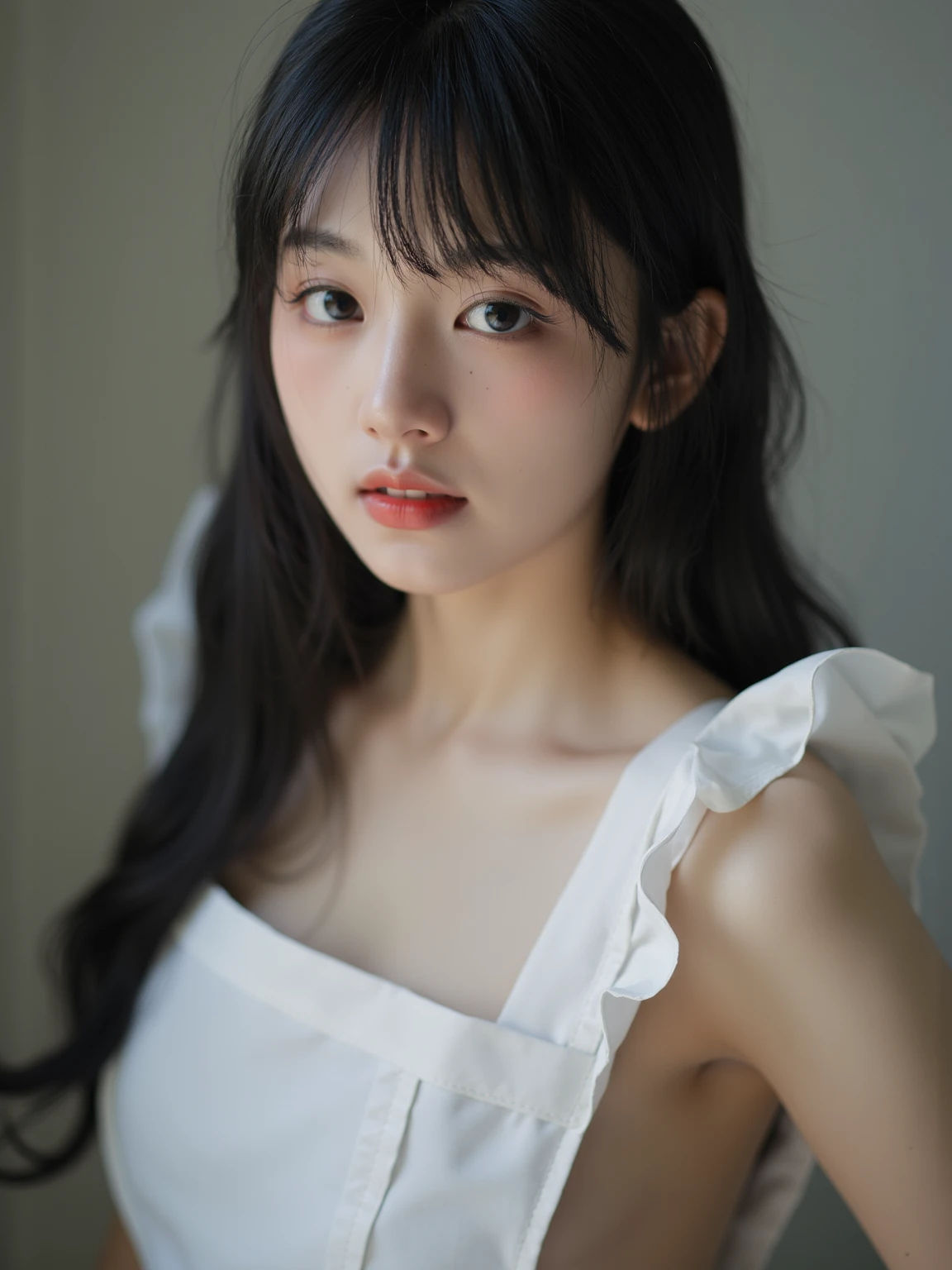 20 year old girl, long hair, high contrast (Natural skin texture, Hyperrealism, Soft Light, sharp), portrait, standing, kpop