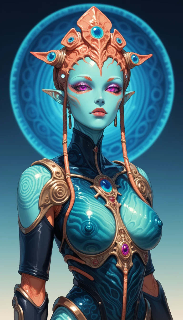 Ancient Extraterrestrial Creature, Alien Being, ((Non-Human)), Female seductive Alien, ((psychedelic skin)), intricate prismatic skin, Alien clothes, intricate Heavy armor 