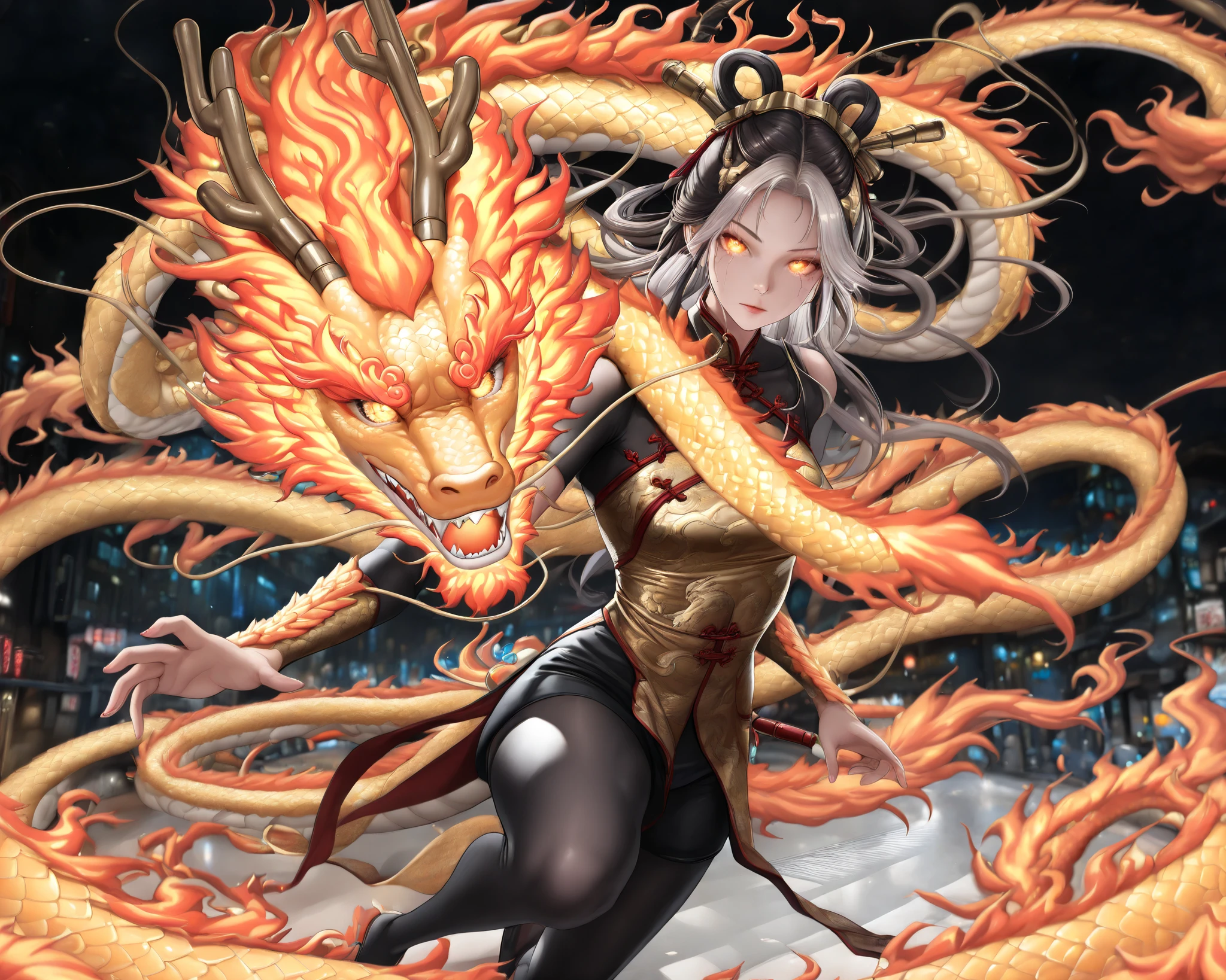 ((Devine beast long Chinese Dragon:1.5)),Chinese urban legend, 1girl,(beautiful girl),vibrant detailed 8k ultra realistic digital art, intricate textu((long Chinese dragon:1.5),(Chinese urban legend),(beautiful girl:1.2),(1girl),vibrant,detailed,8k,ultra realistic,digital art,intricate,cinematic lighting,dramatic pose,mystical atmosphere,glowing eyes,ornate scales,flowing mane), cyberpunk,((cyebernatic Theme:1.5)),