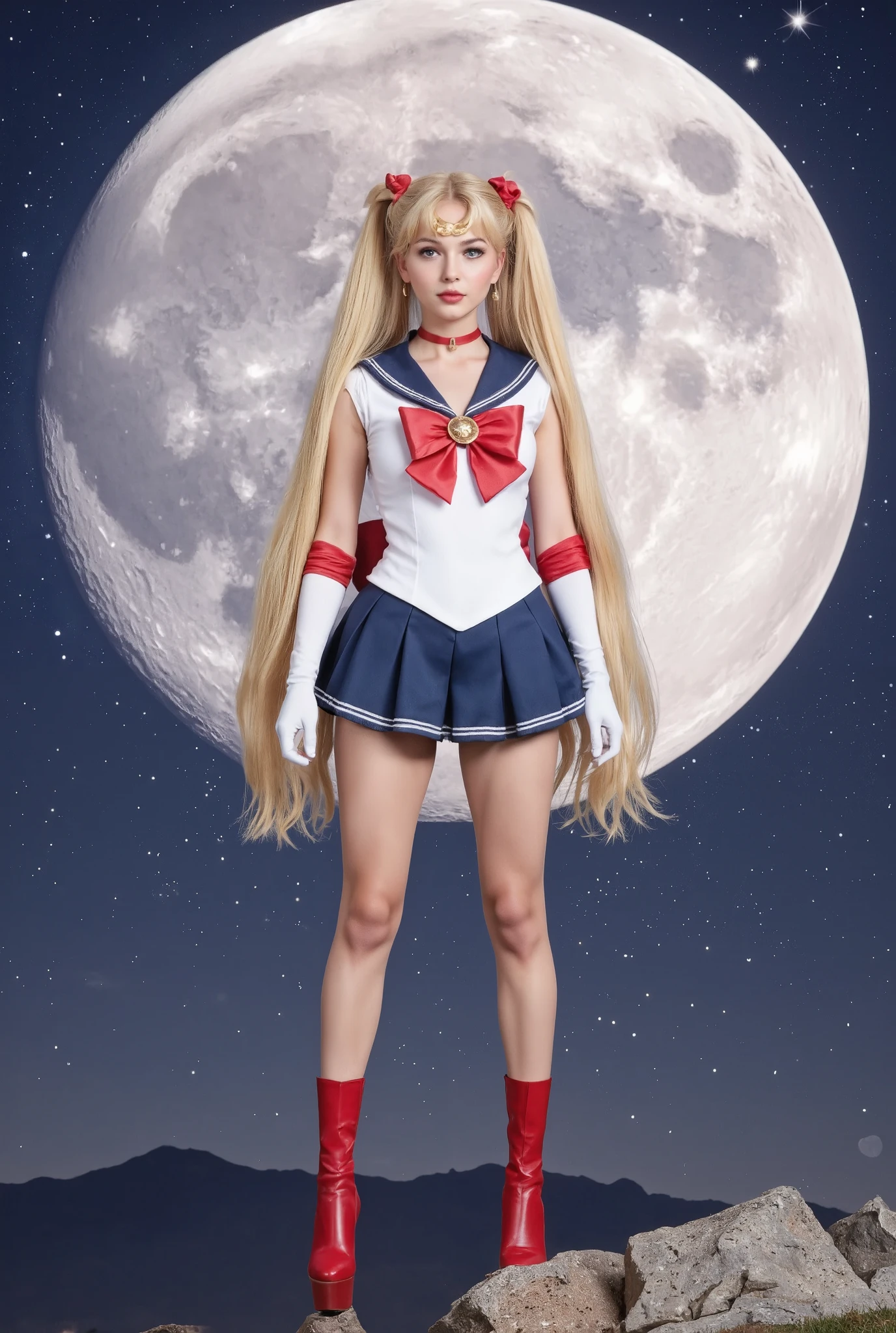 Create a highly detailed image of a character inspired by Sailor Venus from the Sailor Moon series. She is standing confidently, showcasing her iconic sailor scout uniform. The uniform includes a pristine white bodice with a large, vibrant orange bow at the chest, and a blue collar adorned with white stripes. Her skirt is a bright yellow, pleated and flowing. Instead of her usual white socks, she is wearing elegant, sheer black stockings that highlight her legs and add a sophisticated touch to her outfit. She also wears white gloves that extend to her elbows, each accented with a small orange bow. Her long, flowing blonde hair is styled with a prominent red bow on top. She has striking blue eyes, a confident smile, and her signature red bow earrings. The background features a vivid night sky filled with twinkling stars and a crescent moon, enhancing the magical and celestial theme of the series. The overall style should emphasize the details of her outfit, making it the focal point of the image.