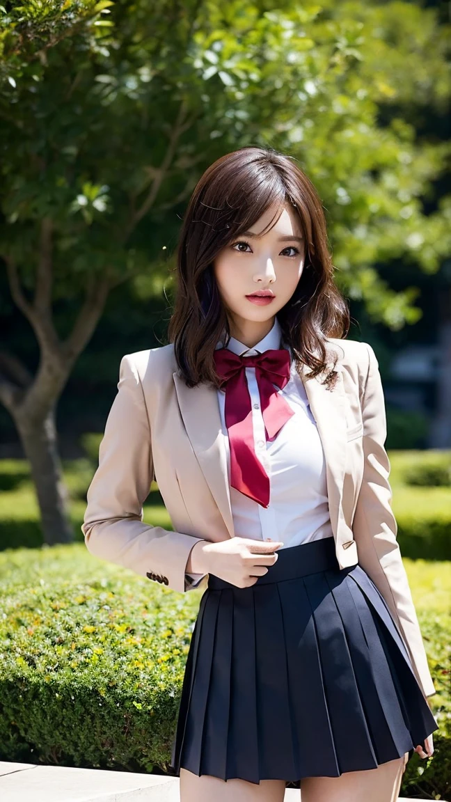 ((masterpiece)), ((best quality)), (ultra-detailed), ((kawaii)), cute, ((lovely)), ((extremely detailed)), ((extremely detailed)), ((extremely detailed)), 4K, (8K), (beautiful), illustration, (body shot), (looking away:1.2), park, a cute woman, 1woman, soro, japanese, (school student:1.3), collared shirt, (blazer), (pleated skirt), bow, (beautiful light brown hair:1.3), ((beautiful hair)), short hair, (straight hair), beautiful brown eyes, ((beautiful eyes)), white teeth, laugh, (blush:1.2), shine with colored light, forest lay light,