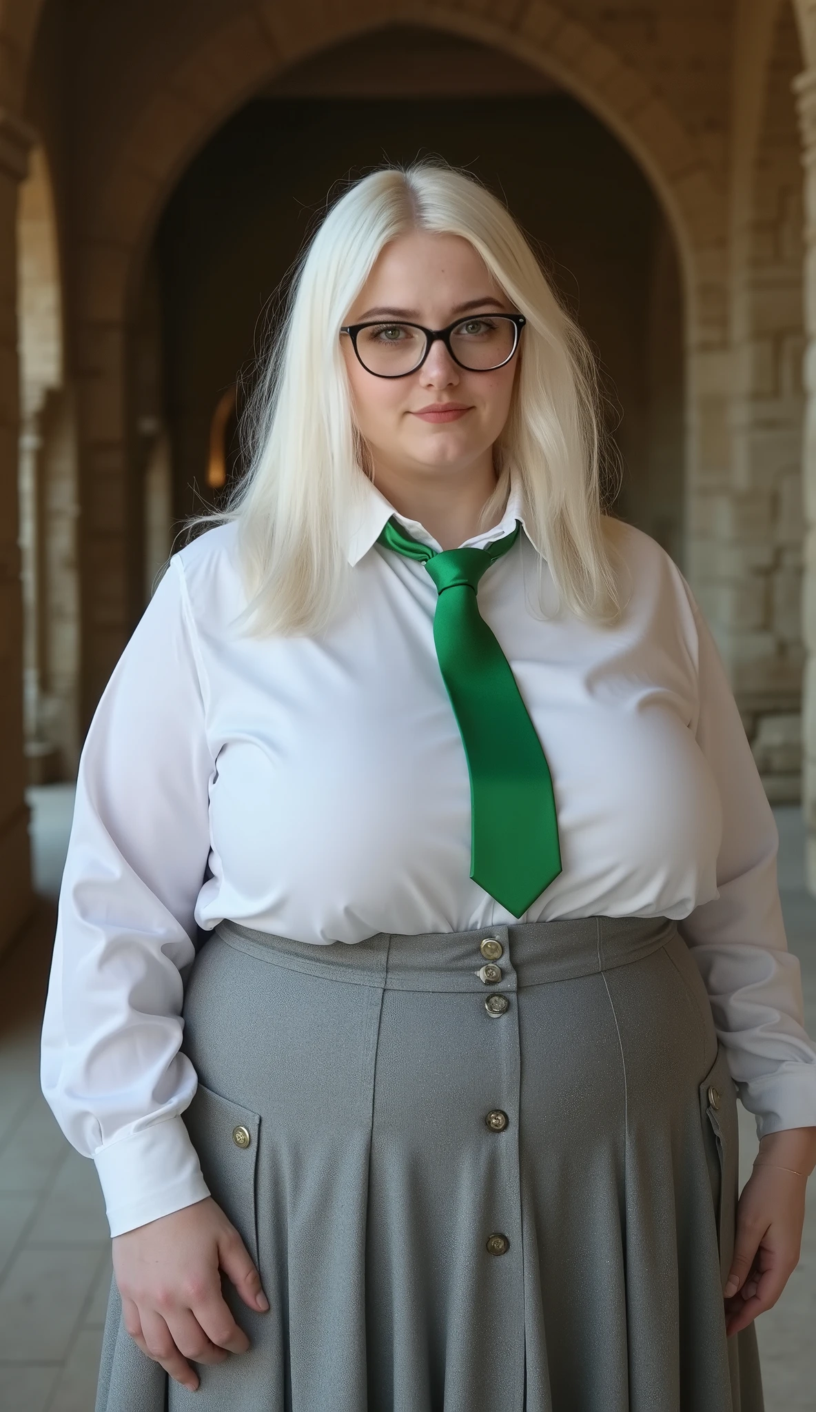 photo of a young morbidly obese woman with white blond straight shoulder-length hair. She is quite young. Has green eyes and glasses. She is wearing a white shirt with a green tie that is too tight. The buttons on the shirt threaten to blow up her fat body.
She is wearing a grey skirt around her fat legs. She is standing in a castle . She is fat and has wide arms. Plus a wide hip ring. Fat legs. Her stomach is fat