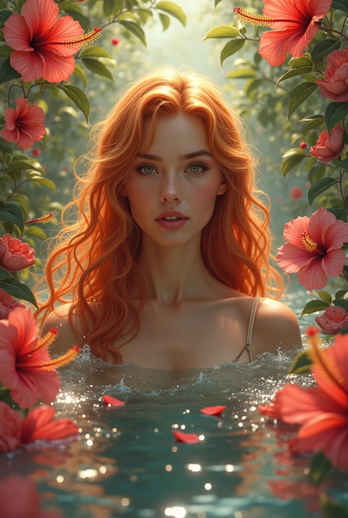 hyperrealistic redhead, in her thirties, angelic, irish, Gorgeous sexy beautiful realistic woman with big ponytail, lace bra, underwater cotton and roses, tulips, with freckles and curls, skindetails and wet pores during golden hour, skin with beautiful nostalgic mood and freckles with emotive face with wet skin and petals falling and dandelion seeds flying and dramatic light play --auto --s2
