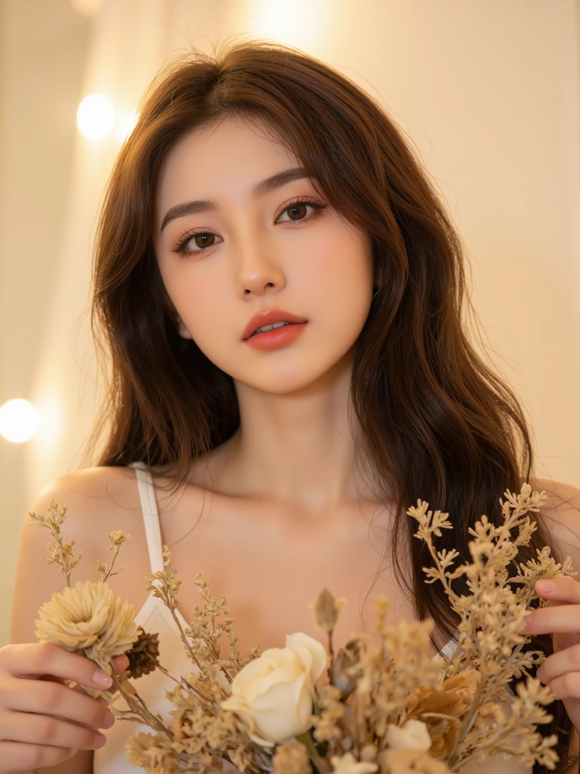 (masterpiece: 1.5, best quality, high resolution: 1.3, Super resolution, super detail, super detail: 1.3, Rich Background: 1.2), 1 girl, Alone, Portrait photo of a beautiful 28 year old girl in a modern style light purple dress, beautiful face makeup, (Curly hair just dyed platinum white:1.2), light yellow lipstick, brown eyes
