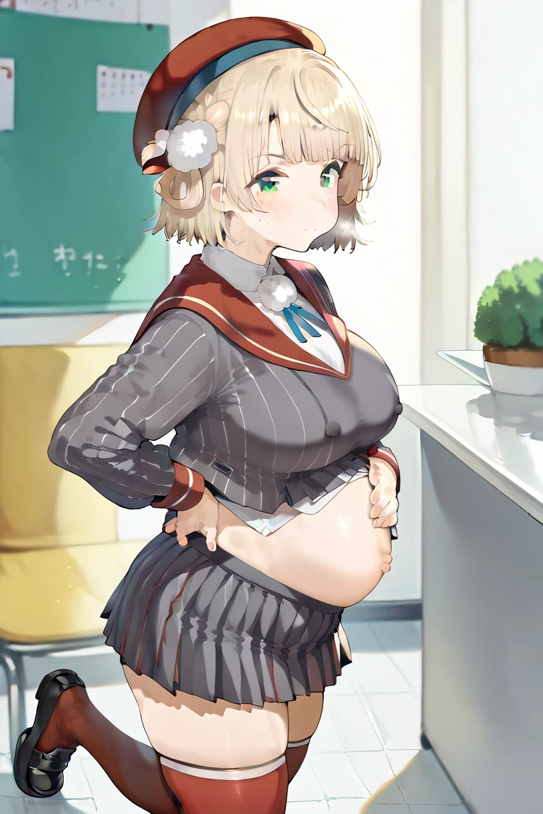 (masterpiece, best quality, highly detailed), 1girls, big belly, blurry background, huge belly, art by kipteitei, round belly, chubby, curvy, simple_background, gradient_background, belly grab, enormous belly, fat belly, thicc, bigger belly, really big belly, jiggly belly, shirt covering belly, belly cover by shirt, glasses, ((((((mommy,))))) casual clothes, skirt, thighhighs, ((full body)), long hair