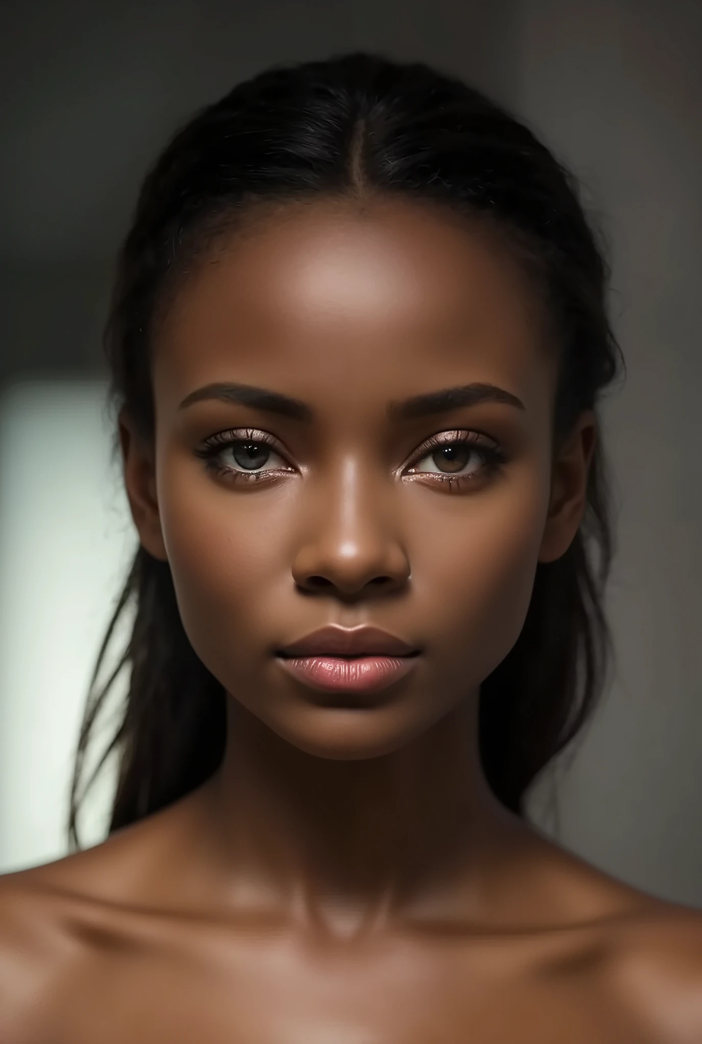 a beautiful young black woman, 22 years old, with very light brown eyes, extremely pretty, delicate facial features, soft flowing hair, serene expression, upper body portrait, detailed realistic painting, intricate skin texture, studio lighting, vibrant colors, high contrast, depth of field, elegant, ethereal, 8K, photorealistic, cinematic
