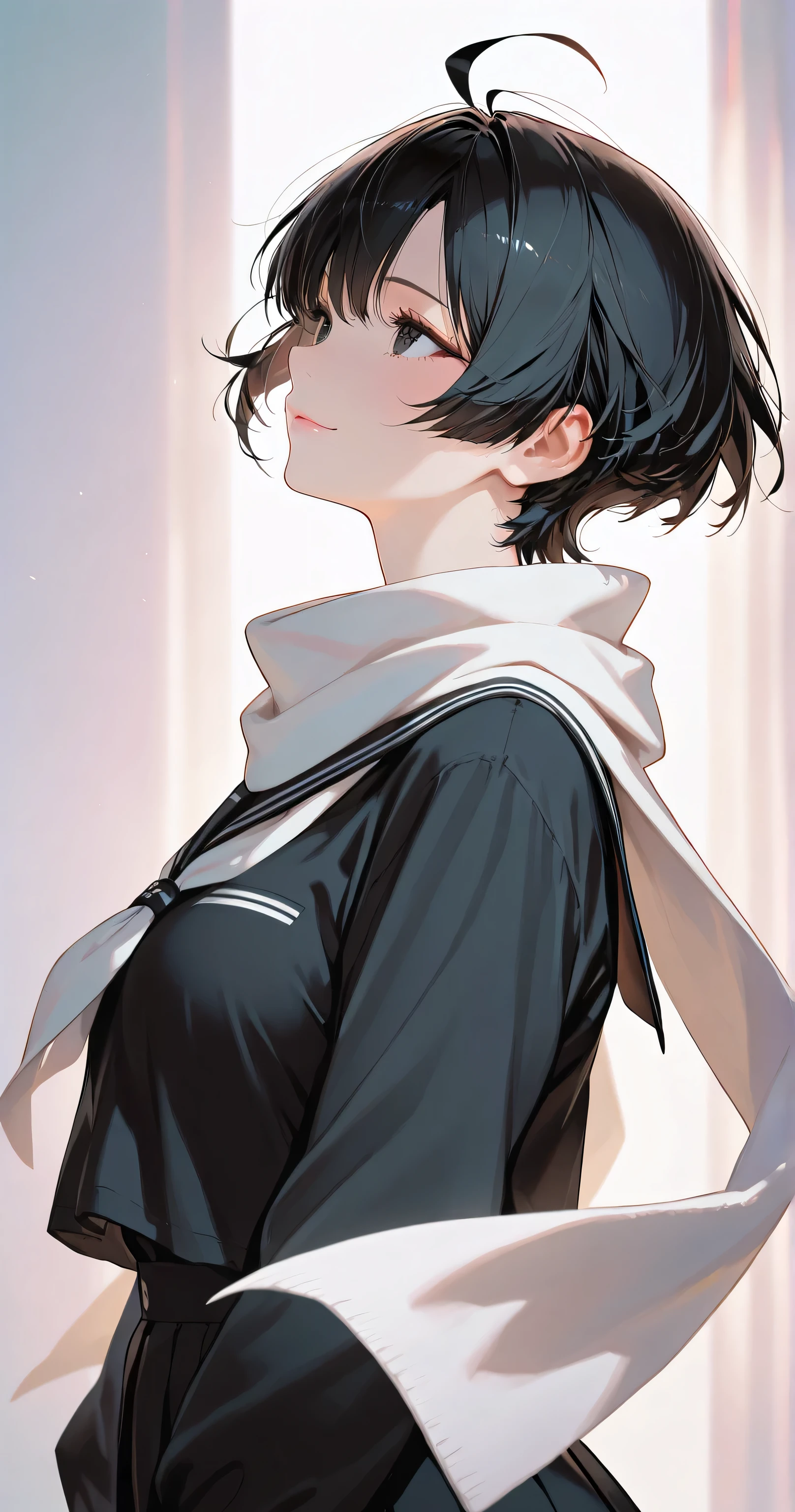 insanely detailed,
She is beautiful,
sharp focus(1.3), clear lines, crisp edges,
beautiful eyes, detailed irises, gentle shading,
black eyes, clear eyes, feature large highlight,
Short choppy messy pixie cut, black hair, delicate strands, silky smooth, ahoge, no white strands styled, floating hair,
calm and composed gaze, subtle intensity, alluring mystique, stunning clarity,
slender,
fair skin, soft pink lips,
She is wearing a black serafuku with a white scarf.
blak sailor collar, black long sleeves, black shirt, formal look, traditional Japanese style, classic style, graceful yet firm posture, minimalist setting,
Masterpiece, best quality, ultra-detailed, 8k resolution,
Crisp details, refined lines, rich colors, harmonized tones.
1girl, solo,
white background, soft ambient lighting.
face shot, side view, looking up,
hand_on_own_leg, Contrapposto,
light smile,
highly detailed face, refined body, flawless skin.