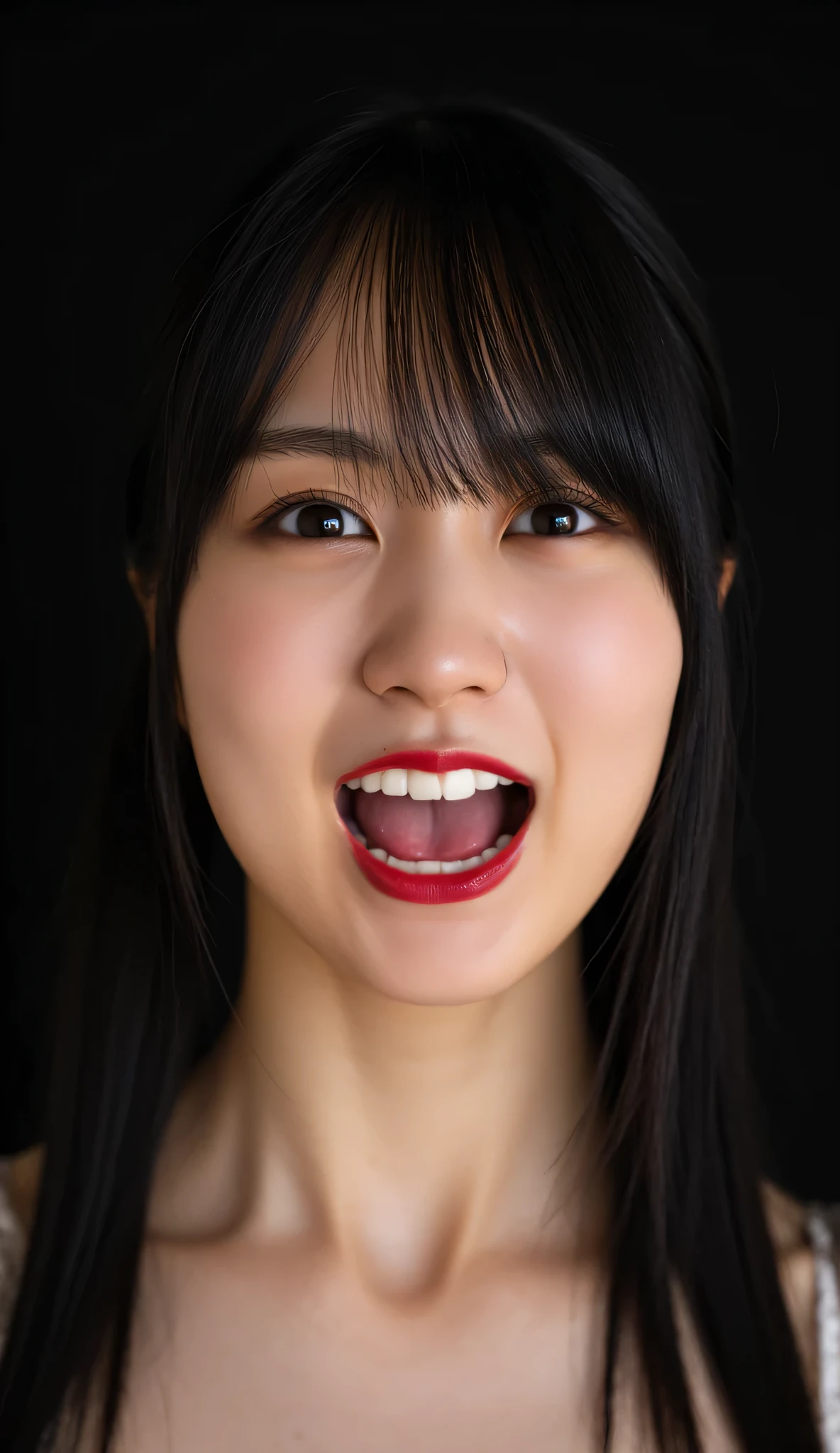 opens her mouth wide,NFSW,pornography , face up、masterpiece, accurate, 超 details, details, high quality, Award-winning , 最high quality, 16k、 I'm concentrating on my mouth , masterpiece, 最high quality,16k, 8,000, beautiful 、 photo taken by viewers from above、 long black hair, With bangs,semi-long black hair twin tails、 bright red lipstick 、 naked、Black background