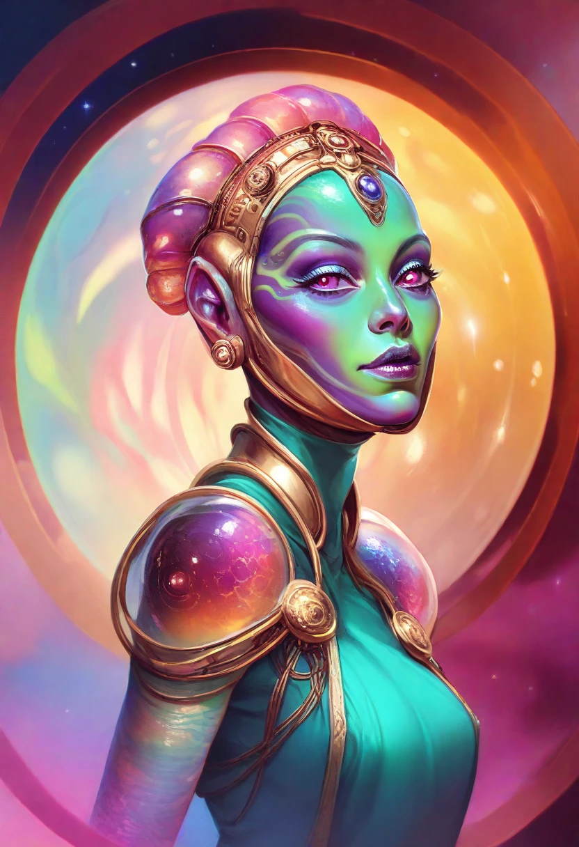 Ancient Extraterrestrial Creature, Alien Being, ((Non-Human)), Female seductive Alien, ((intricate psychedelic skin)), intricate colorful skin, Alien clothes, intricate Heavy armor