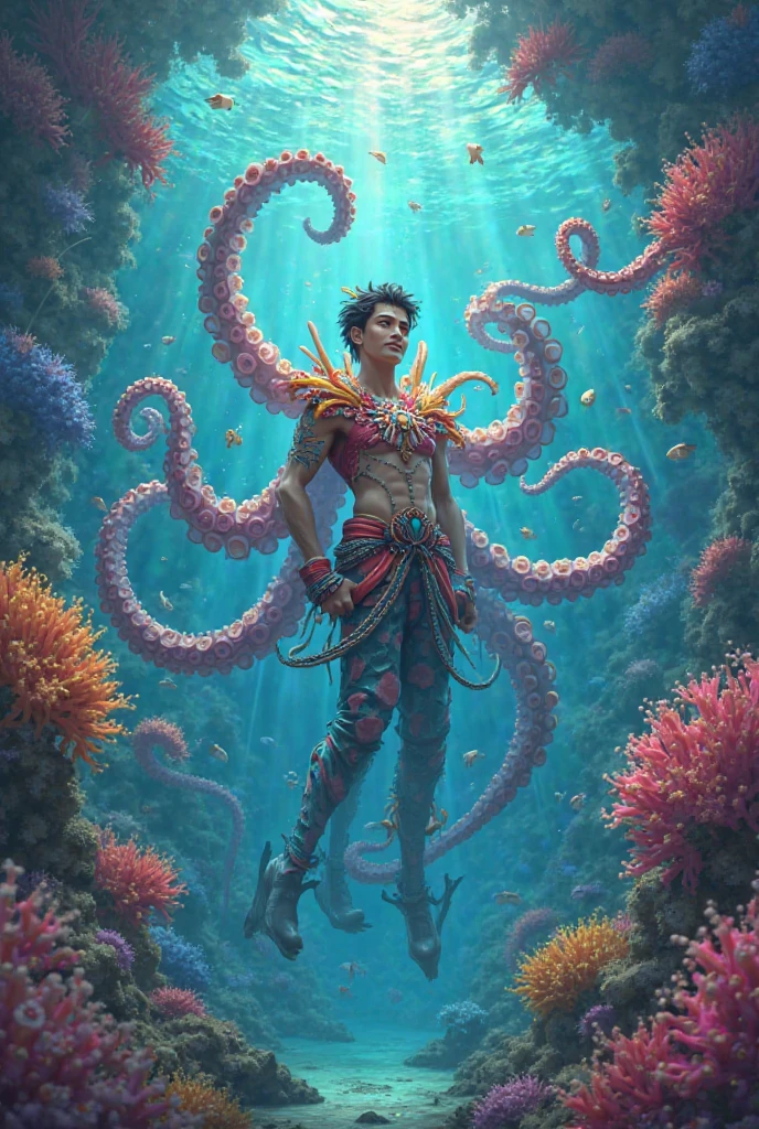 HQ drawing of a beautiful man, with medium straight wavy brown hair, with a golden net around his body underwater, and jellyfish