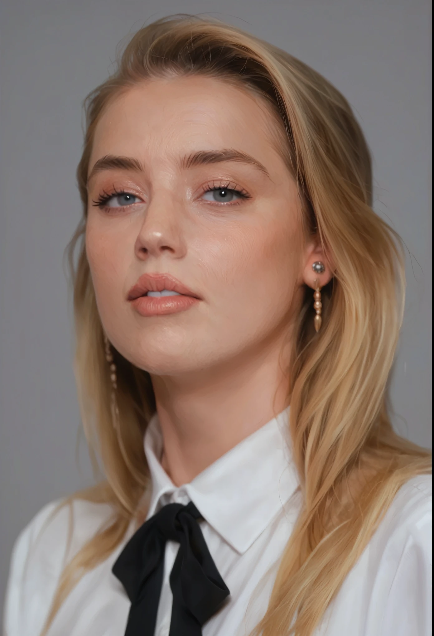 score_9, score_8_up, score_7_up, JohnnyDepp, 1girl, solo, long hair, looking at viewer, blonde hair, simple background, shirt, ribbon, jewelry, white shirt, earrings, parted lips, collared shirt, grey background, lips, grey eyes, black ribbon, makeup, portrait, realistic