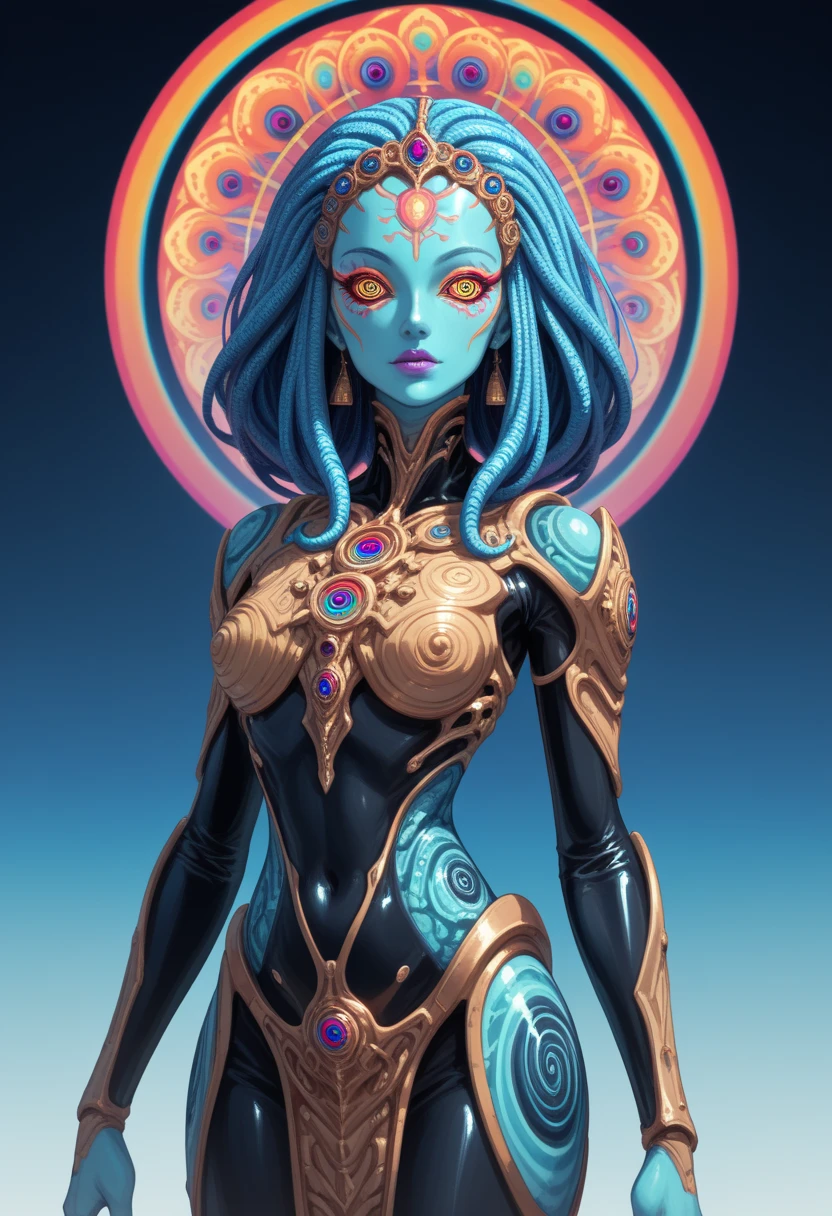 Ancient Extraterrestrial Creature, Alien Being, ((Non-Human)), Female seductive Alien, ((very detailed eyes)), ((intricate psychedelic skin)), intricate colorful skin, Alien clothes, intricate Heavy armor