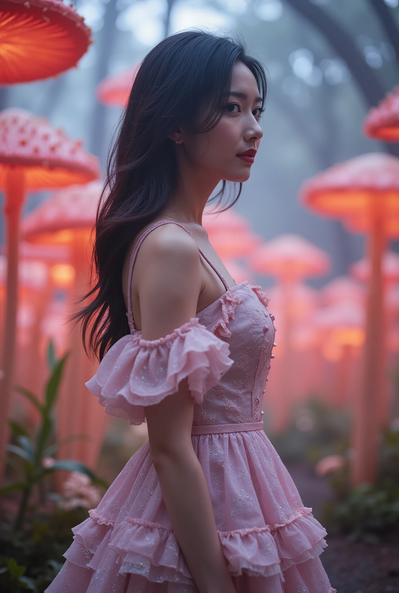 Create a portrait of a stunning Japanese actress standing gracefully in a whimsical, colorful world. She is wearing a cute, fairy-tale-inspired mini dress that accentuates her slender figure, small bust, and thin legs. The background features a magical forest filled with large, glowing mushrooms, all rendered in vibrant colors. Capture this scene from a dynamic angle to enhance the enchanting atmosphere.