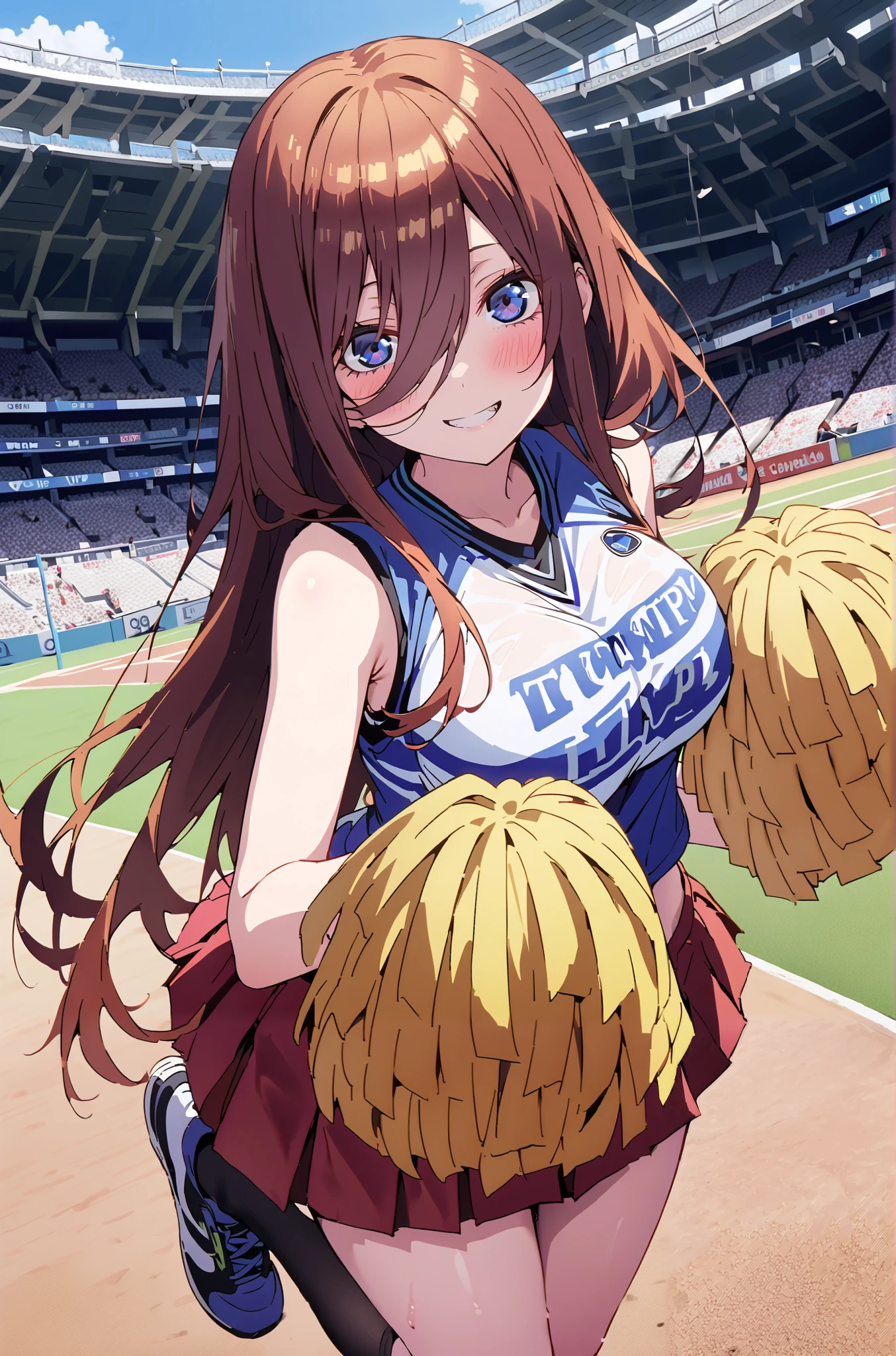 score_9, score_8_up, score_7_up, source_anime, Miku Nakano, Nakano Future, long hair, bungs, blue eyes, brown hair,Between the eyebrows,smile,blush,open their mouths,Big Breasts, (CHEERLEADING), (full body), on chest, (semen), semen Wet Clothes, (blue clothes),sleeveless, pleated skirt on indoor floor,black socks,sneakers,belly button sticking, playground, (jump), (jump), 足を曲げてjumpする, , blue sky, Compa, smile,cheerleader with radiant skin, Pom-pom \(CHEERLEADING\) real hair ornaments,audience,full bodyがイラストに入るように,break outdoors, Stadium,
break looking at viewer,
break (masterpiece:1.2),top quality , kampala, Unity 8K Wallpaper ,(shape:0.8),( fine, beautiful eyes :1.6),It's a person ,full body写真,CG Details , (perfect hands with full nudity,complete anatomy),