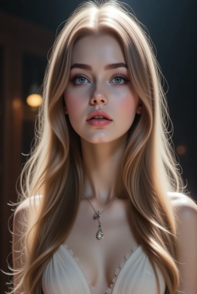 Prompt: A girl's naked body. Emphasize the small details, including goosebumps, birthmark, and the texture of bright red matte lipstick. The subject has elegant features, with very curly blond hair and perfect boobs,long legs, set against a black background. She wears a black necklace, creating a vibrant contrast with her naked boobs, Infuse the artwork with a sense of ethereal beauty, using subtle lighting effects and intricate detailing. Experiment with the interplay of shadows and highlights to accentuate the girl's features. Aim for a balance between realism and a touch of surrealism to evoke a dreamlike quality. Dominated by deep blacks and rich reds, create a striking visual contrast. Play with shades and tones to convey both the boldness of the red attire and the delicacy of the girl's features. Focus on a tight close-up of the girl's face, allowing the viewer to appreciate the intricacies of her unique characteristics. Experiment with framing to create a visually compelling composition that draws attention to the small details mentioned. Infuse the artwork with a sense of narrative and emotion, imaginative rendering, turning the photograph into a captivating piece that transcends the boundaries of traditional portraiture.