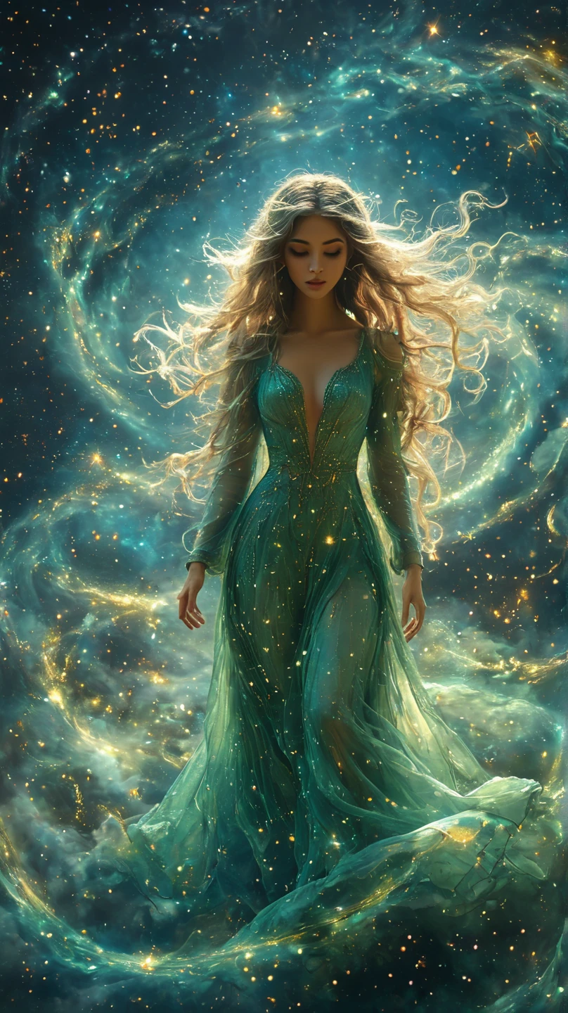 nsfw,4K Ultra HD, masutepiece, Girl with a magical aura, Good face, Long hair, shinny hair, Detailed eyes, Glossy lips, Wearing a gold dress, Aura around the body, magical effect, Green and pink lights spread, Cosmic elements and ethereal atmosphere, Mix of bright lights and colorful nebulae, universe background, Sitting, Full body capture.