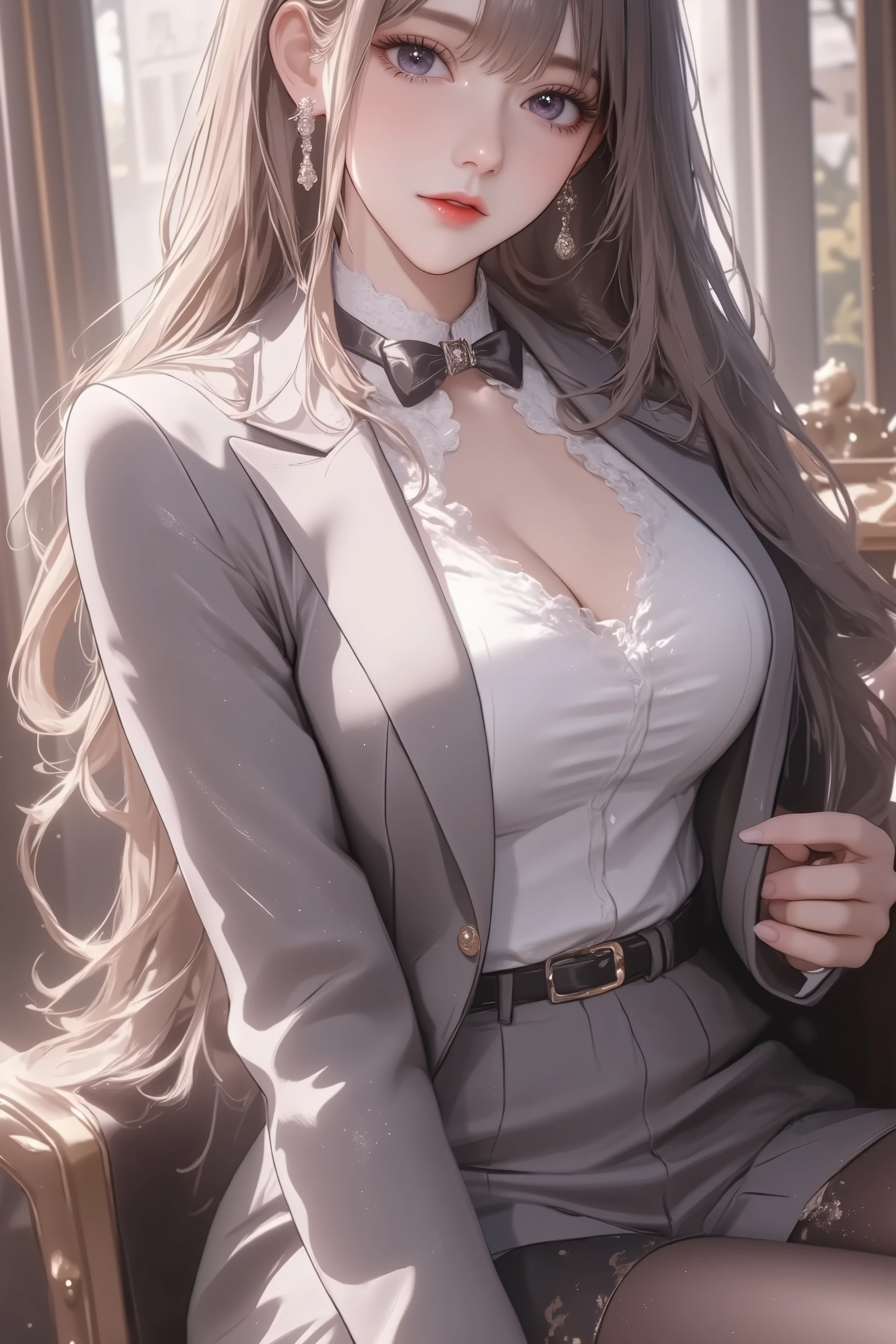 best quality, ultra-detailed, 1girl, full body, huge filesize, artbook, day, indoor, curtain, black hair, blunt bangs, grey gradient hair, ((black eyes)), huge breasts, black silk stocking, collared shirt , business suit, high heels, hair bow, smirk, sitting, head tilt, hand on own chest, crossed legs