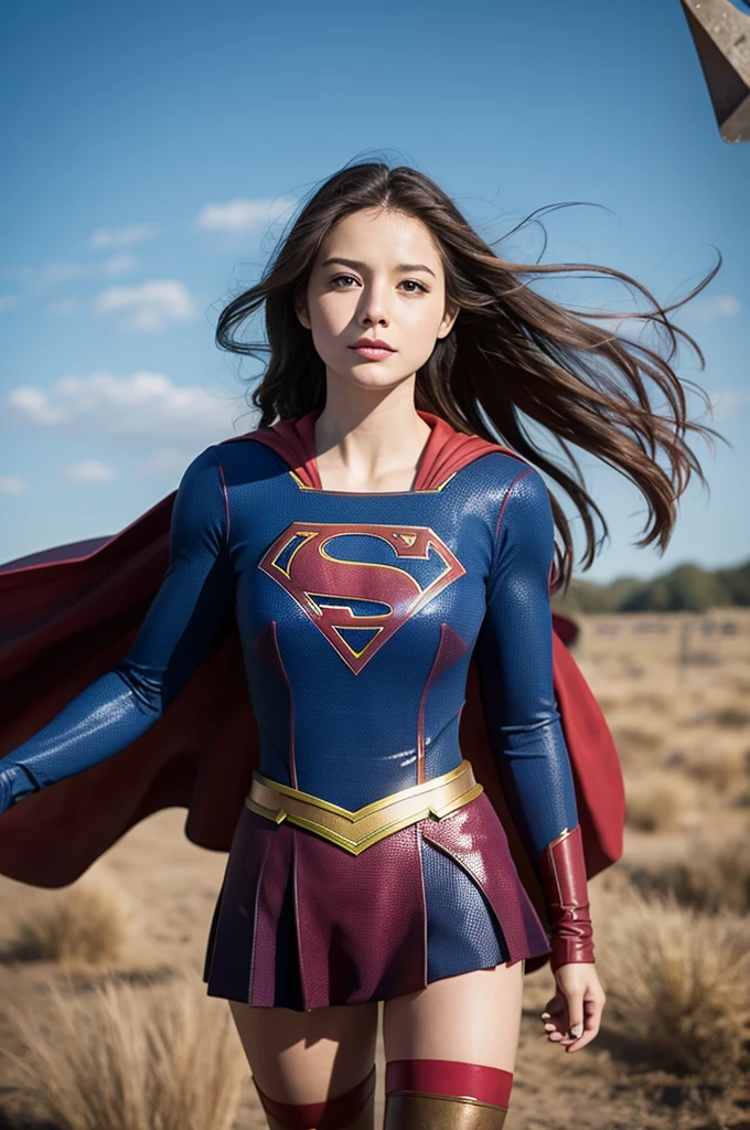 8k, best quality, (masterpiece:1.2), (realistic, photo-realistic:1.37), ultra-detailed, ((1girl)), innocent face, short dark bob hair, wearing supergirl outfit with cape, standing on the edge of a cliff, dynamic sunset colors in the sky