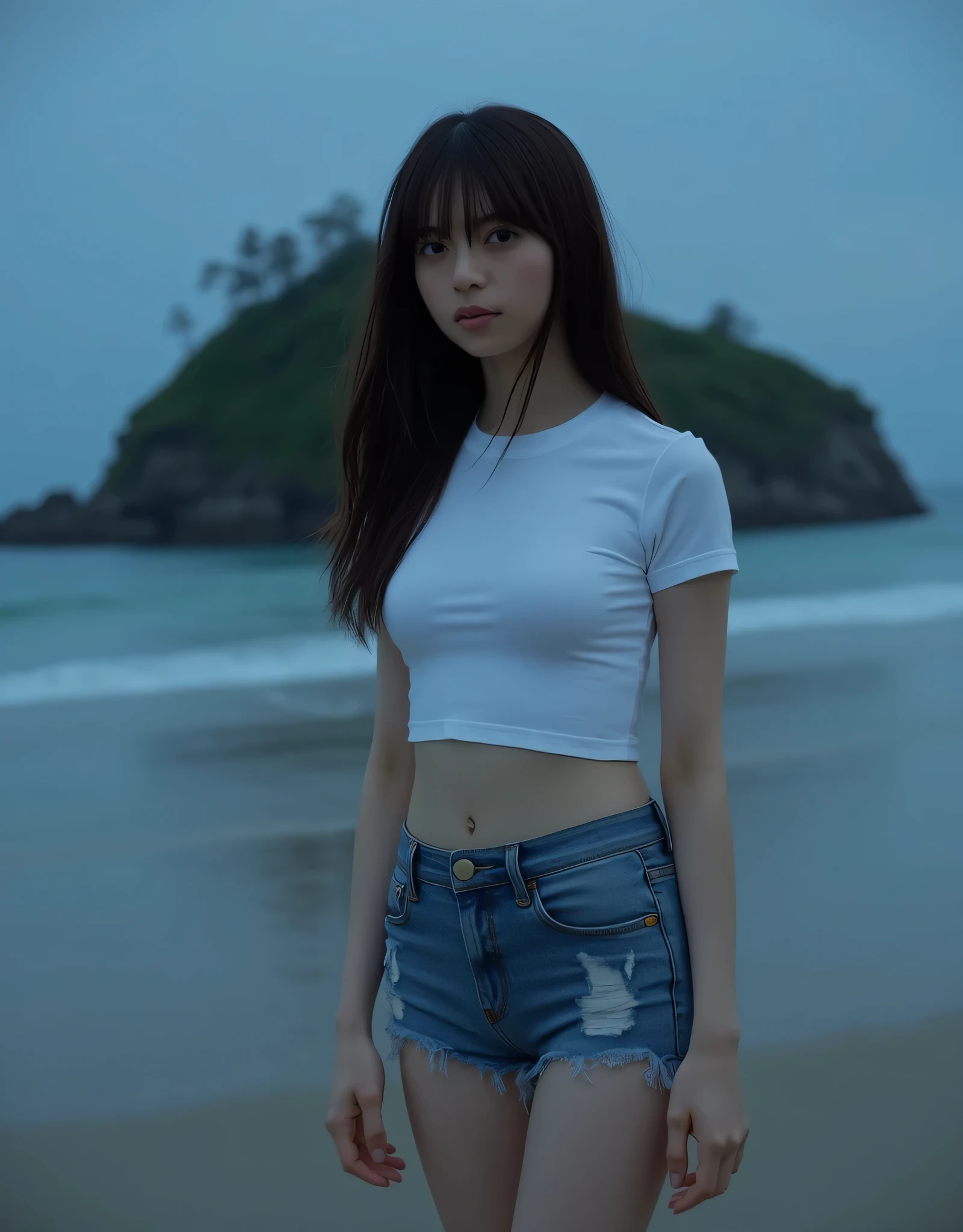 ((Floating Island at Midnight, Top Quality, 8k, Masterpiece: 1.3)), Full Body, Long Legs, Sharp Concentration: 1.2, Beautiful Woman with Perfect Figure: 1.4, Slim Abs: 1.1, ((Dark Brown Hair, Big Breasts: 1.2))), (White Tight T-Shirt, Distressed Micro Mini Jeans, Standing: 1.2), ((Sandy Beach: 1.3)), 20-year-old Japanese with highly detailed face and skin texture, fine eyes, double eyelids