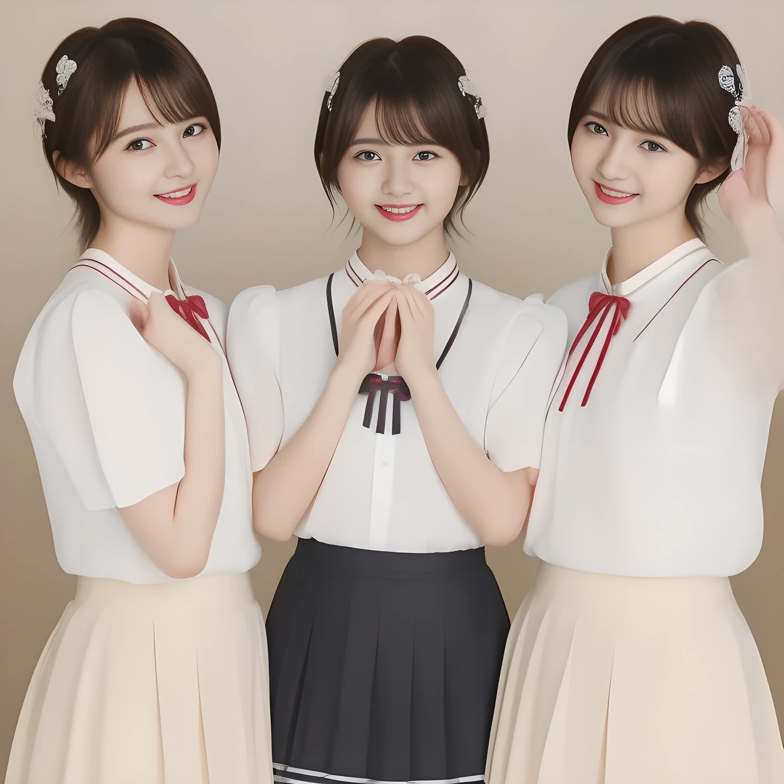 (masterpiece, best quality:1.2), High resolution, 1080P, 8K, 1girl, solo, (((Too beautiful three zinomy rich (young beauty & noble fashion magazine models))) are (piling their hands) together. All the girls are noble, neat, intelligent and beautiful slender, maximum laughter of happiness, neat seducing uniform and skirt: 1.8), (Incredibly well organized pure white face, Glossy lips, Very long black beautiful straight hair like a hair model, Pure and clear wet eyes, (((Noble and neat and noble))) Japanese school uniform, (large red glossy cute school ribbon bow-tie), girly & fluttering ((frilled gorgeous expensive white school blouse)), puffed sleeves, (white cutest well-pleated noble (ivory skirt)): 1.9) ,(beautiful legs, white socks and school loafers), (Using expensive face-whitening cosmetics to make her skin more beautiful and pure by professional makeup artist: 1.0), (The 3 neat beautiful girls know well about the viewer's super fetishism for school uniforms, and satisfies it completely with skirt: 1.0), (well detailed face and seducing eyes: 1.8), (All the girls are giving the the (single alto recorder) extreme happiness of beautiful hands and skirt: 1.5)