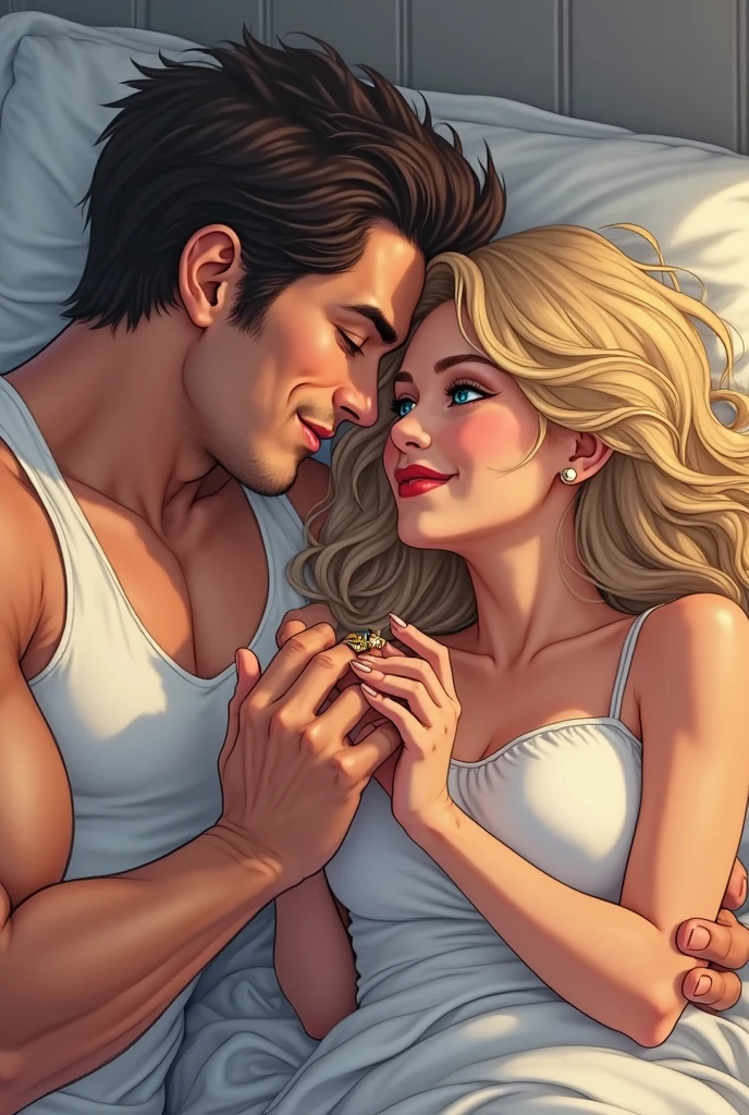 A cartoon image depicts a man and a woman in a bed. The man is wearing a belt and the woman is wearing high heels. Various pillows are scattered around the bed, with one pink pillow next to the woman. The woman has long blonde hair and is laying down on the bed. In the background, there is a mirror reflecting the scene. The overall color scheme includes shades of pink, purple, and blue. The woman appears to be young, around 22 years old, and the image conveys a sense of intimacy and playfulness between the couple. The text on the image reads "Am I doing it right? Harder. patreon.com/stahlberg".