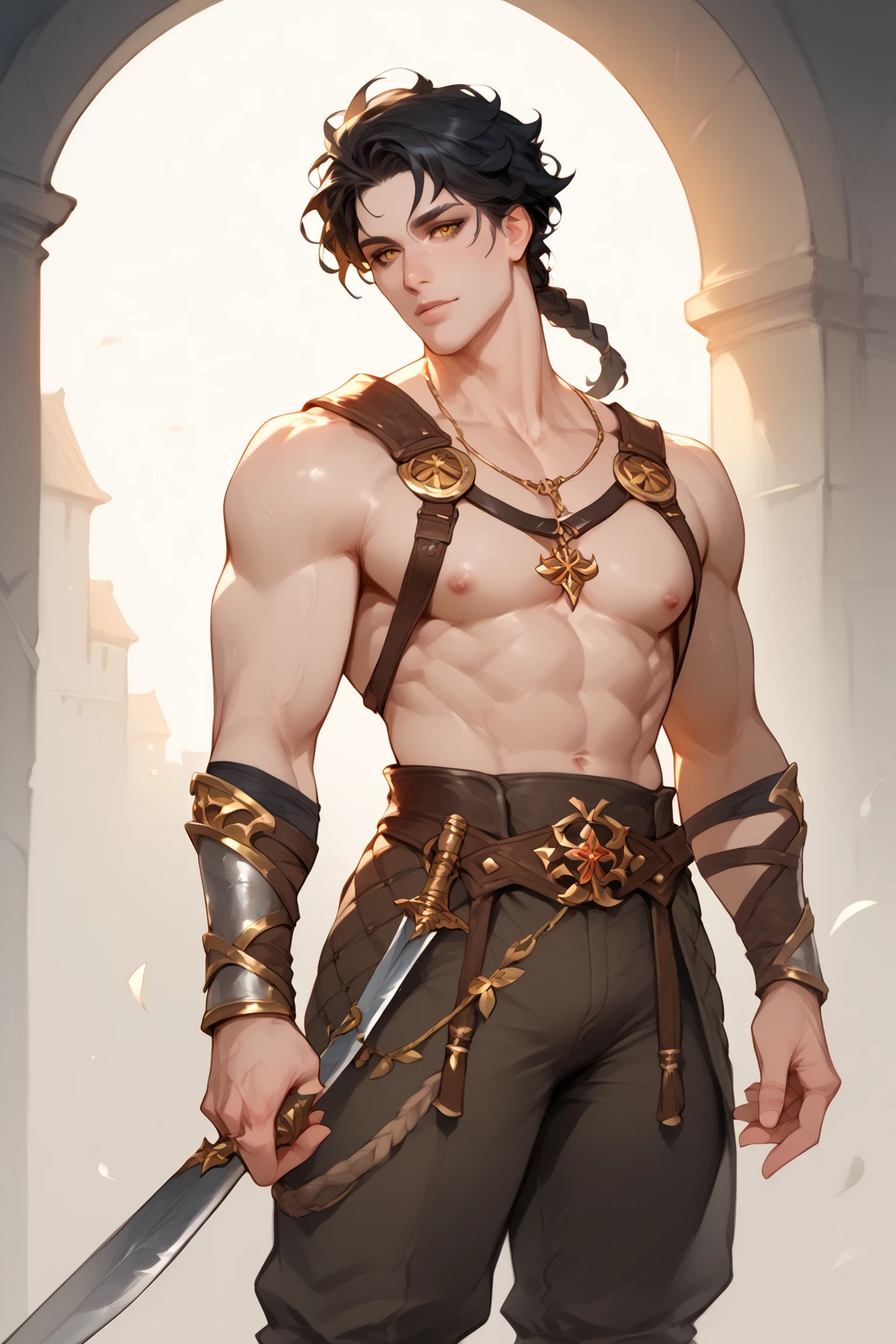 Solo, viking young boy (19 years old), tan skin, toned, lean body, short black hair, left eye green, right eye brown, viking community, standing, arms crossed, leaning his back against a viking hall, serious, viking tribal reveling outfit, hairy body