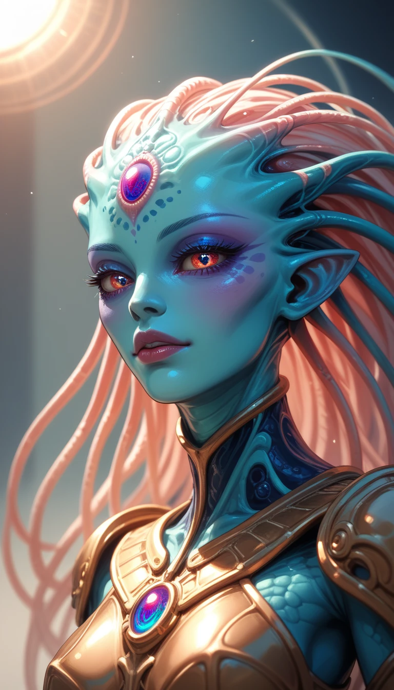 Ancient Extraterrestrial Creature, Alien Being, ((Non-Human)), Female seductive Alien, ((eye focus, body focus, detail focus)), ((psychedelic skin)), intricate prismatic skin, Alien clothes, intricate Heavy armor