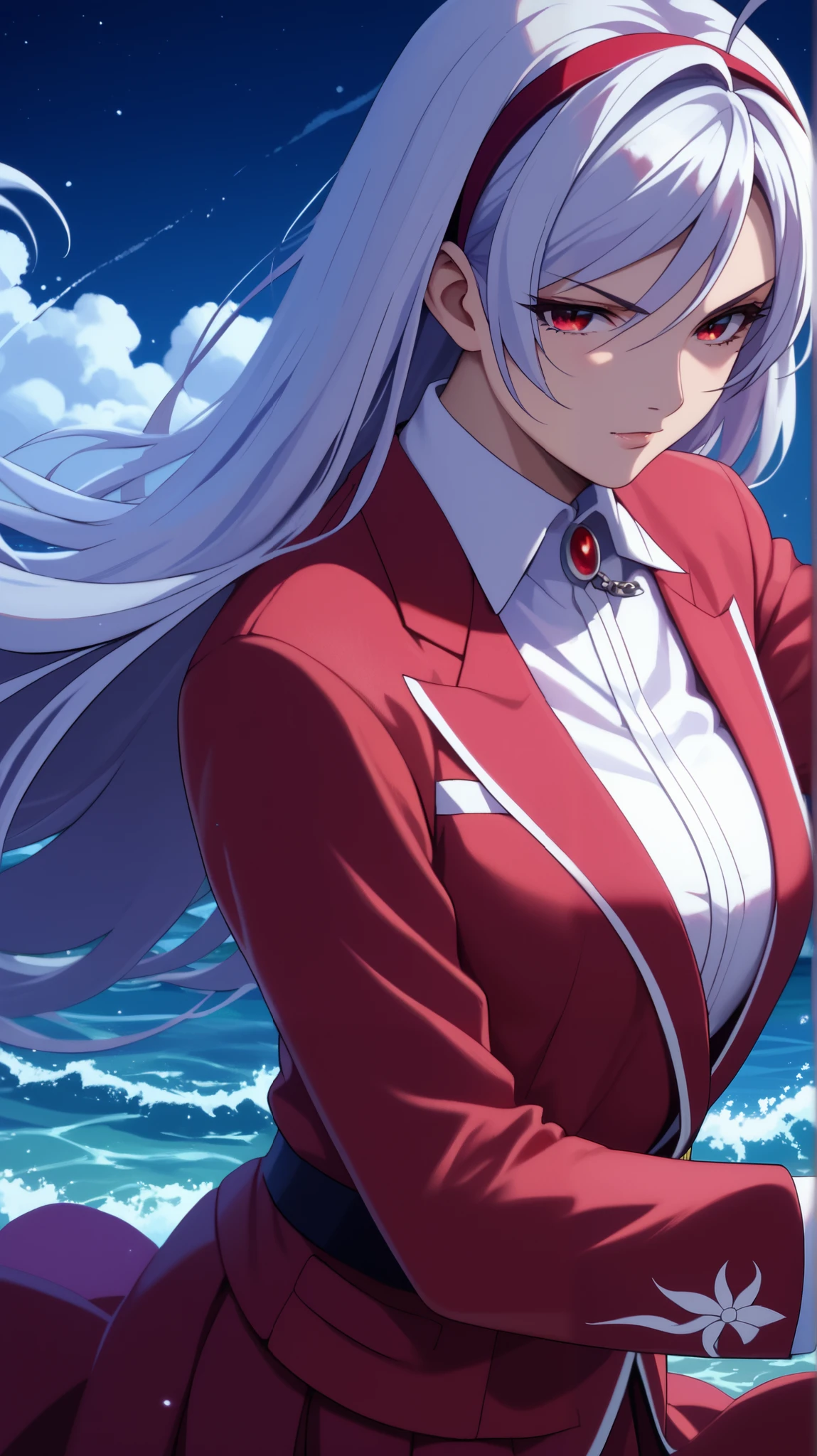 vampire moka akashiya, long hair, red eyes, ahoge, white hair, large breasts, The ensemble incorporates elements of traditional Czech attire with a modern twist, reflecting the colors and movements of the sea at night,BREAK,The outfit features deep blues and shimmering silvers to mimic the ocean under moonlight,with wave patterns as key accents on the fabric,The traditional components might include a blouse and skirt combination, with the skirt flaring gently to represent the flow of water,BREAK,Accessories could include a headpiece or scarf that continues the wave motif, and jewelry in silver or blue tones to complement the overall theme