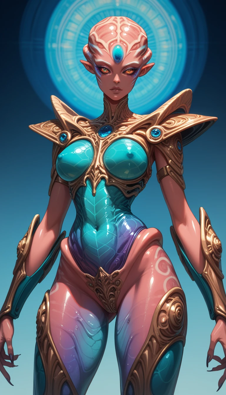 Ancient Extraterrestrial Creature, Alien Being, ((Non-Human)), Female seductive Alien, ((eye focus, crotch focus, detail focus)), ((psychedelic skin)), intricate prismatic skin, Alien clothes, intricate Heavy armor