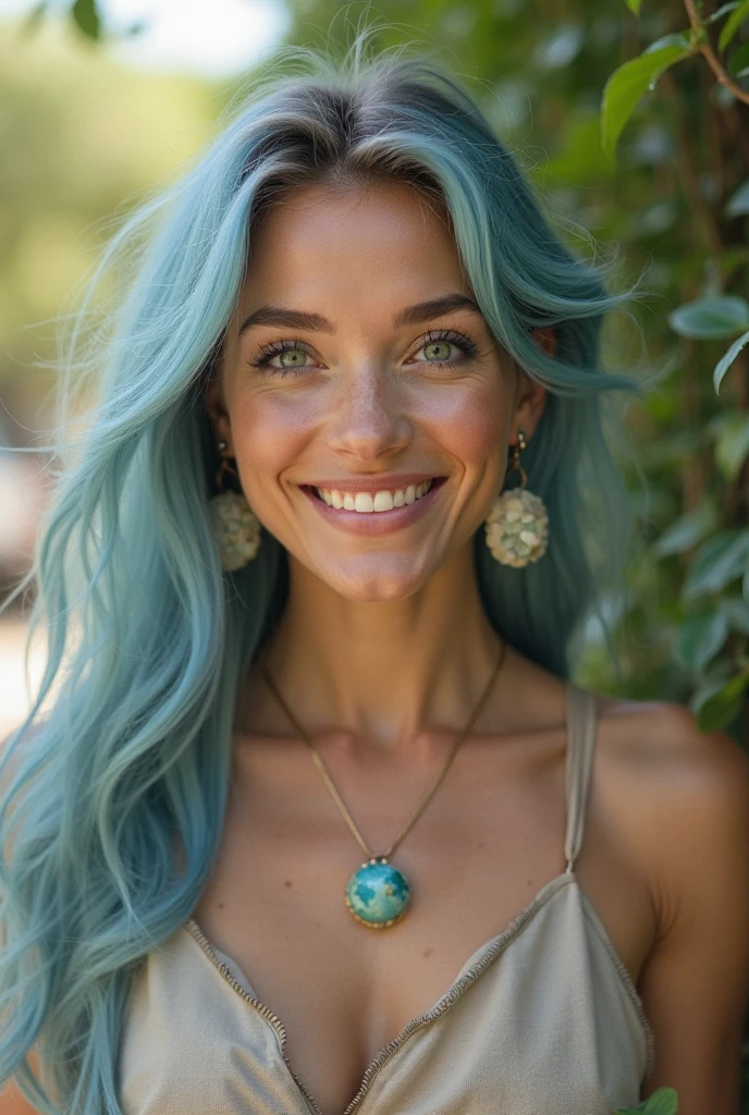 Laughing Beautiful biracial latina woman, blue long wavy hair, blue light eyes, large breast, run behind the viewer and try to catch him, She extends her hand towards him, in forest, lot of vegetation, wear a white dress without sleeves, Résolution Haute, Plan Large,