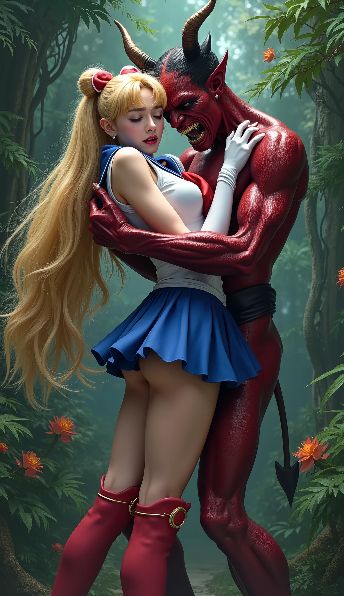 Hyperrealism, masterpiece, highest quality, A young Japanese woman is hugged from front by a devil, she push his chest out, ((she is crying and screaming in pain)), tears from her eyes, painful face, she is wearing a Sailor Moon costume, Blue sailor collar, Blue short mini pleated skirt, she is wearing a very short blue mini pleated skirt, (upskirt), Long white gloves, shiny beige color pantyhose, Exposed thighs, red long boots, big choker, long blonde Hair, a devil is standing sexual assault her, the devil is hugging her tightly and push his private part into her body, in the jungle,