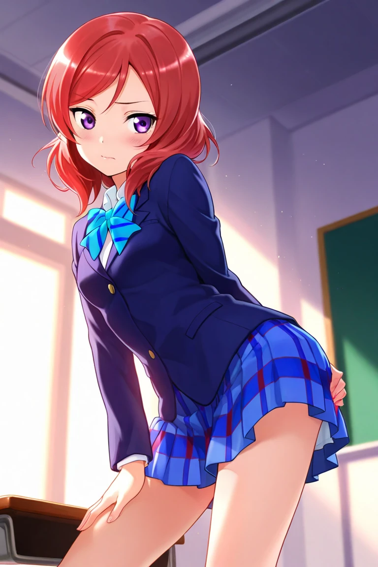 solo girl, AnjuYuuki,love live! medium breasts , otonokizaka winter uniform, red striped bow tie, navy blue blazer, blue striped plaid skirt,thigh socks,standing put hands on hip,cowboy shot,from below,in classroom, smile blushing :d, (1girl), (solo),BREAK score_9, score_8_up, score_7_up, score_6_up, source_anime