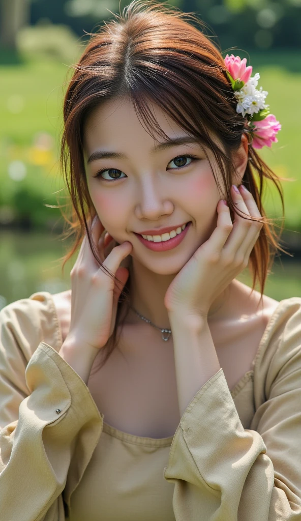 Japanese women、garden、Selfie fair skin、single eyelid、Year: 35、Medium、one piece
