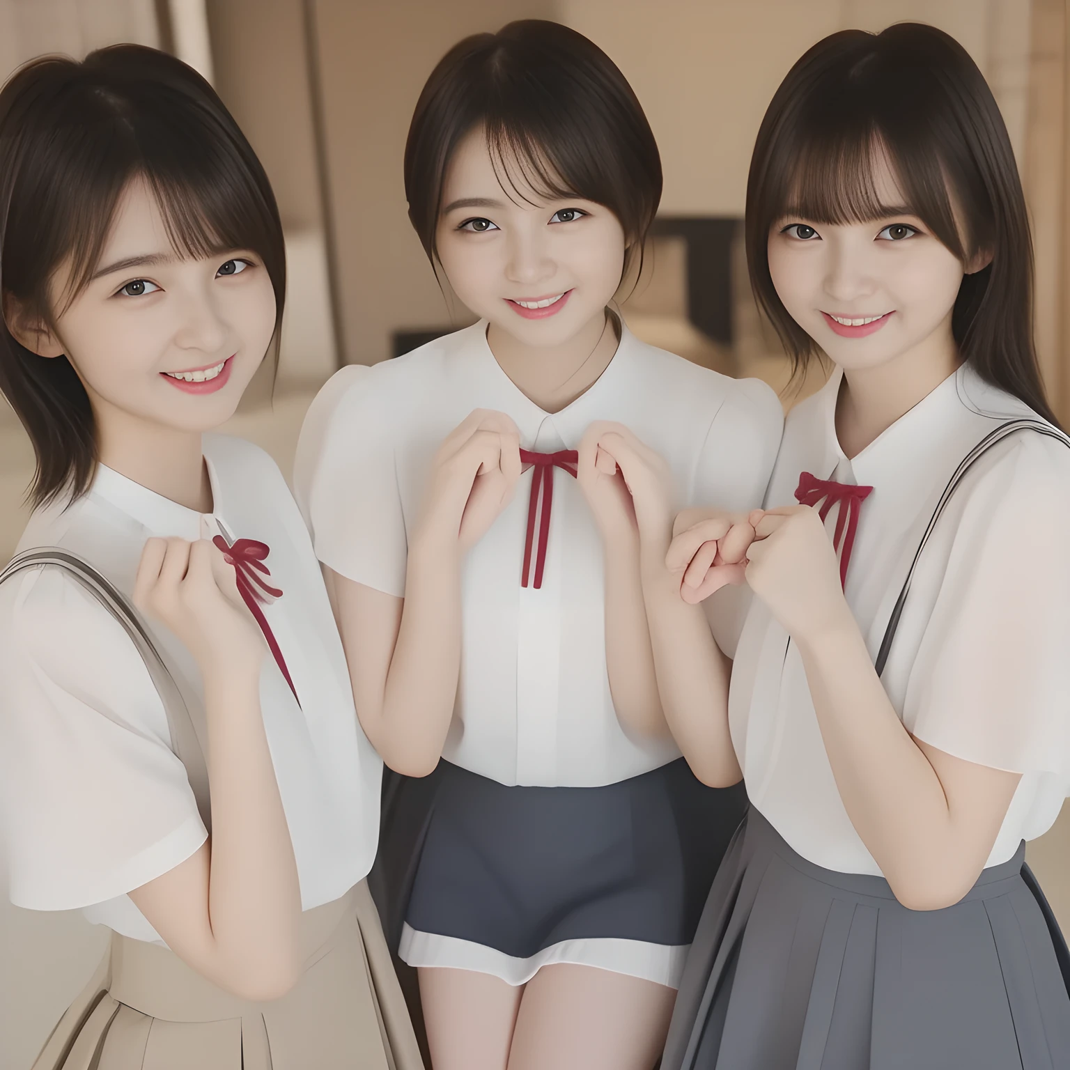 (masterpiece, best quality:1.2), High resolution, 1080P, 8K, 1girl, solo, (((Too beautiful three rich (young beauty & noble & gorgeous fashion magazine models))) are (showing hands up), (touching their hands together) . All the girls are noble, neat, intelligent and beautiful slender, maximum laughter of happiness, neat seducing uniform and skirt: 1.8), (Incredibly well organized pure white face, Glossy lips, Very long black beautiful straight hair like a hair model, Pure and clear wet eyes, (((Noble and neat and noble))) Japanese school uniform, (huge red glossy cute school ribbon bow-tie), girly & fluttering ((frilled gorgeous expensive white school blouse)), puffed sleeves, (white cutest well-pleated noble (ivory skirt)): 1.9) ,(beautiful legs, white socks and school loafers), (Using expensive face-whitening cosmetics to make her skin more beautiful and pure by professional makeup artist: 1.0), (The 3 neat beautiful girls know well about the viewer's super fetishism for school uniforms, and satisfies it completely with skirt: 1.0), (well detailed face and seducing eyes: 1.8), (All the girls are giving the the (single alto recorder) extreme happiness of beautiful hands and skirt: 1.5)