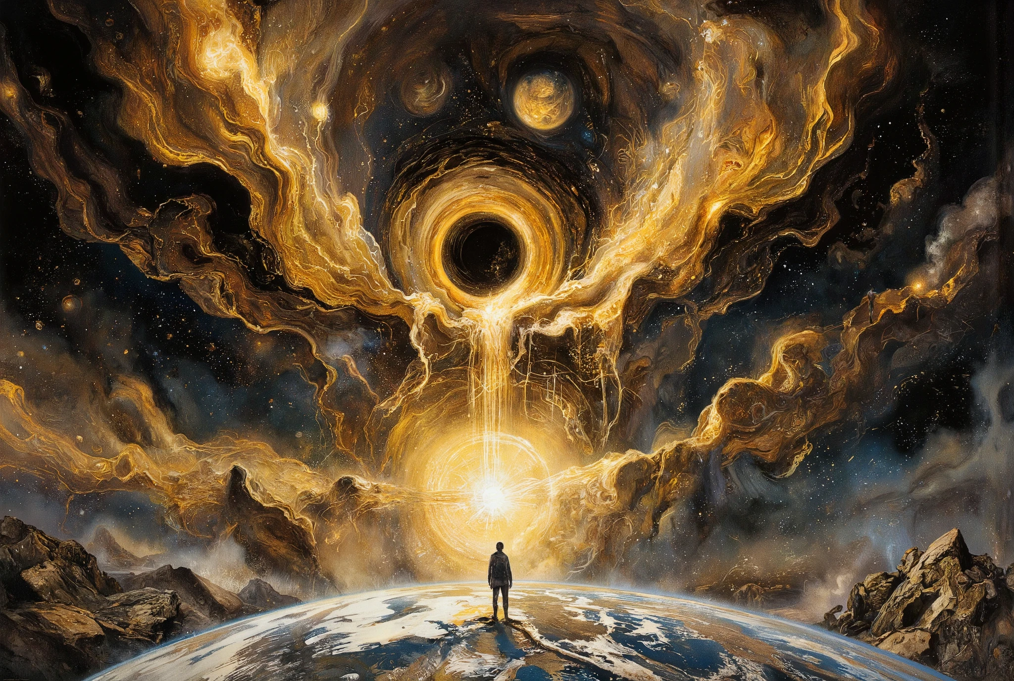 A hauntingly beautiful comic book illustration by Greg Rutkowski. A cosmic canvas showcases a supermassive black hole's grasp on the fabric of spacetime, as if the very threads of existence are unraveling. A nearby planet, once serene, is now being rent asunder by gravitational waves' crushing force. Against this backdrop, an alternate reality gateway begins to take shape, bathed in warm, golden light that highlights textures and dimensions with chiaroscuro nuance. This terryfying spectacle is watched form surface of Earth, by single figure as civilisation around it crumbles. The overall atmosphere is one of awe-inspiring horror and wonder, as if witnessing the universe's most profound transformation.,assassinkahb style