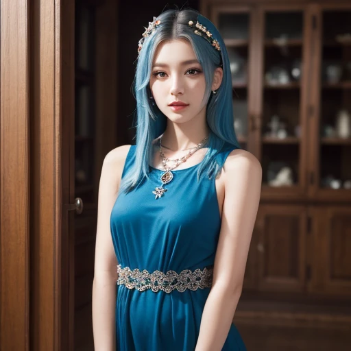 People wearing anime necklaces, Long necklace and earrings, In a gentle garden landscape style, Animation color photo, Sonic, Aquamarine, Embry Style, Honest portrait