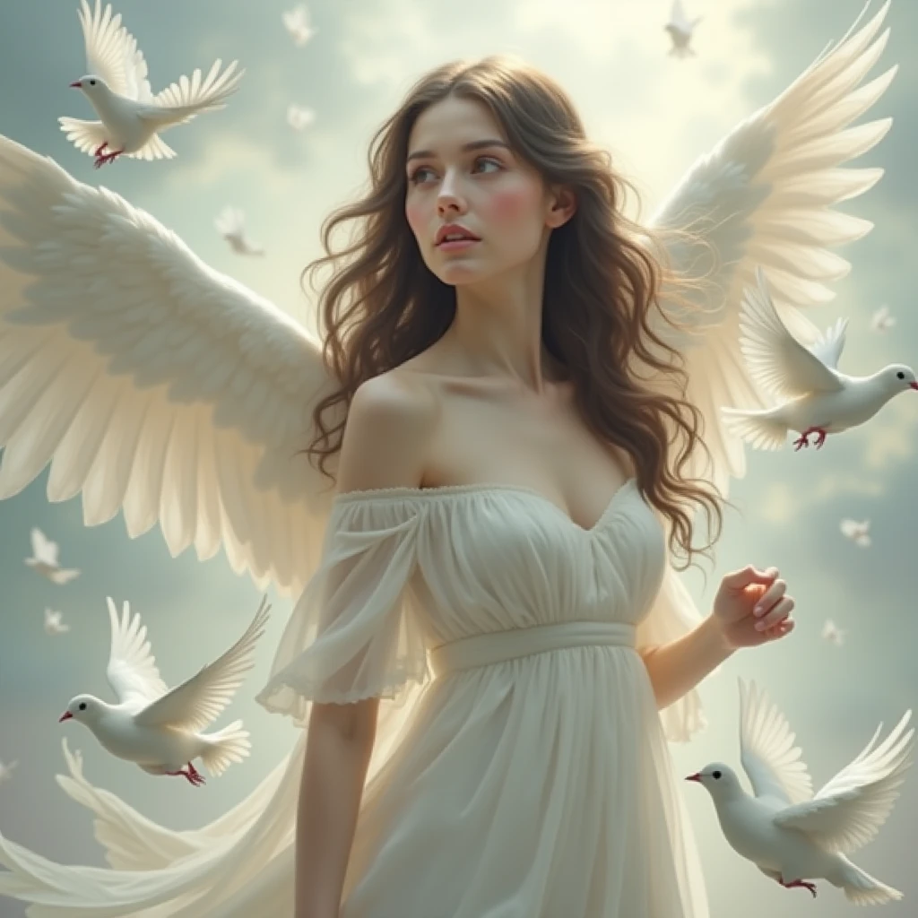 Angles from the air、Flying Angel、Whole body、8K、realphoto、超A high resolution, Master Parts, Best Quality, nffsw , cinematic images,Lovely girl、ann、1６years old、Anglo-Saxon、Green eyes、二重まぶた、very droopy eyes、（very, Very big eyes：1.８）、Dark eye shadow、The lips are very thin、The tip of the nose stretches beautifully.、the tip of the nose is small,,,,, ighly detailed , Gold Hair、Straight hair、Very Smile、 Sweet look 、a very beautiful woman、legs are long、 Very clear shadows , jewely , A detailed eye, very intricate, shiny skins , Perfect Brilliant, Perfect Lighting, Dramatic shadows ,White tiara on head、Greek see-through white dress、The back of the dress is wide open、Small angel wings on the back of the shoulders、The chest and waist of the dress are white lace、Underneath the dress is a white miniskirt、Lace white gloves、holding a bouquet of white flowers with both hands、White see-through veil from the back of the head、Silver necklace around the neck、
