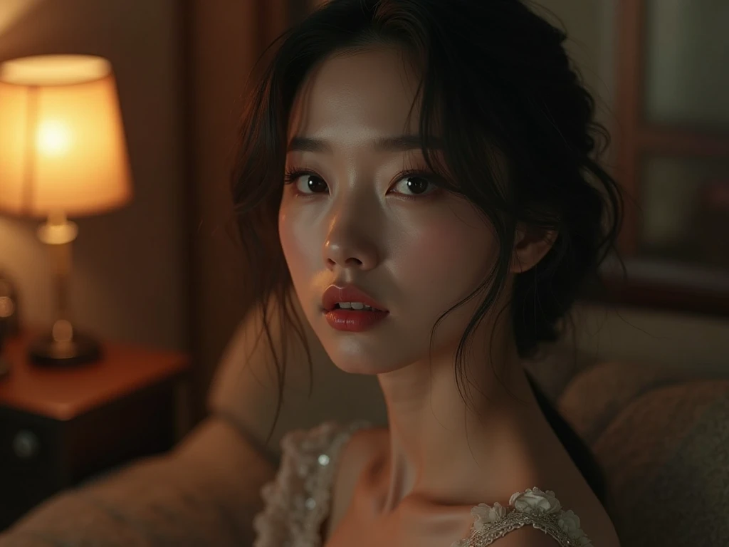 Living room at night,Close-up of the cleavage of a fair-skinned young Japanese woman,full body images