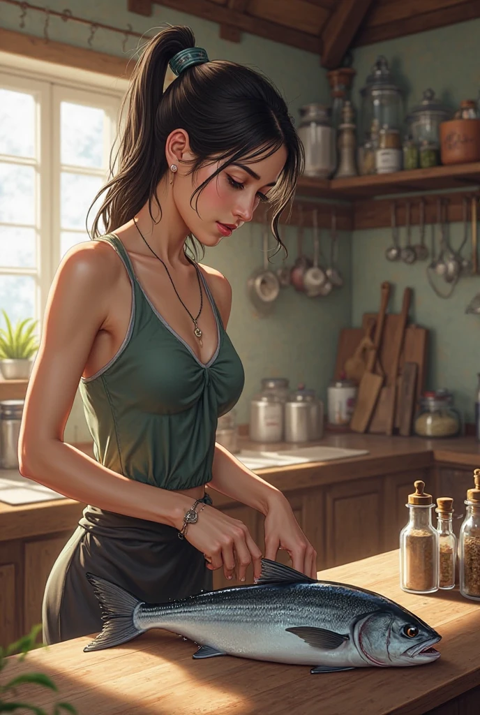 Morrigan, masterpiece, highest quality, RAW, analog style, a stunning photo of a (beautiful woman), (wearing a white cooking apron:1.4), (t-shirt), (leggings), (small breasts:1.6), (brewing a potion), (on the kitchen), (highly detailed skin, skin details), (highly detailed face and eyes), sharp focus, 8k UHD, DSLR, high quality, film grain, Fujifilm XT3, frowning, intricately detailed, highly detailed, cluttered and detailed background