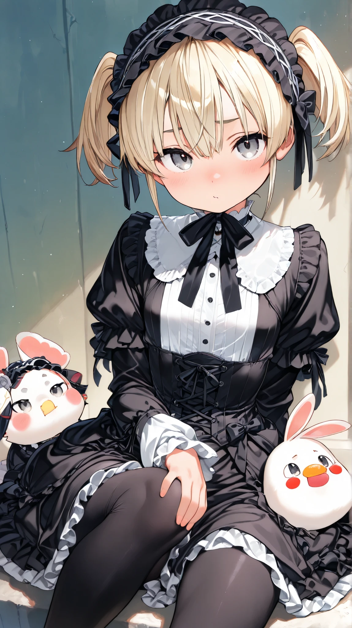 (top quality、masterpiece、Very Detailed、one girl、cute face、 silky short blonde 、(((Short hair in twin tails、)))、gray eyes、From the knee up、gothic ta fashion、very fine eyes、Small red cheeks and nose、cute face、