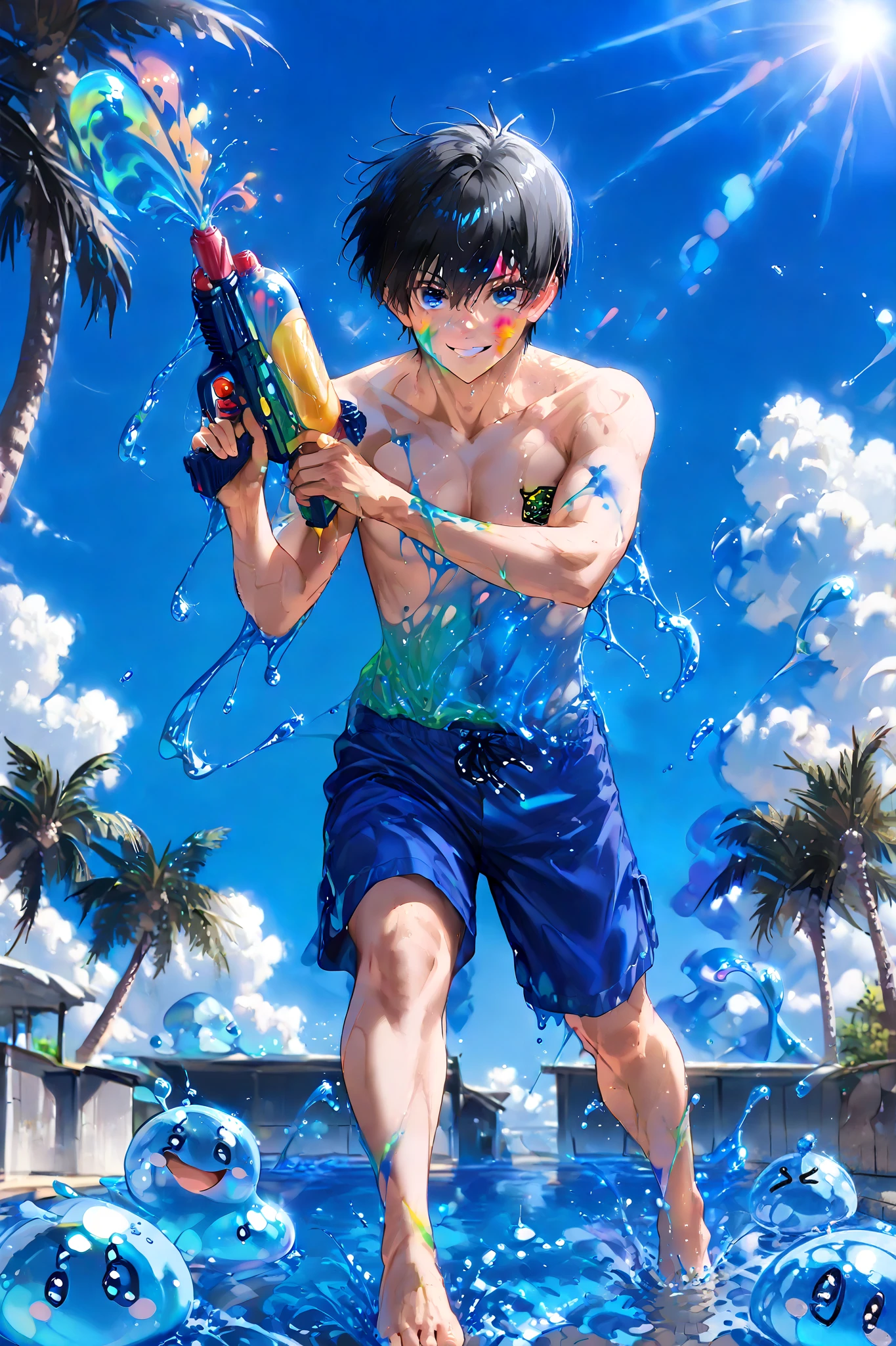 Isagi yoichi, (8k, HD), 1 boy, alone, short hair, wblack hair, blue eyes, shirtless, blue summer shorts, pleasant smile, close view, perfect face, beautiful face, at Indian street crowdy, looking at viewer, barefoot, wind, palm trees, clouds, blue sky, (water balloons), (good hands), multicoloured smile, happy, joyful, close view, sunlight falling on her, colours, slime, ((colours on her body)), ((coverd in slime)), ((holding watergun)), ((colours on her face)), Holi_Style_SDXL, ((Multicolor Smoke)), Multicolor Paint, Multicolor Powder, face coverd with slime, full body