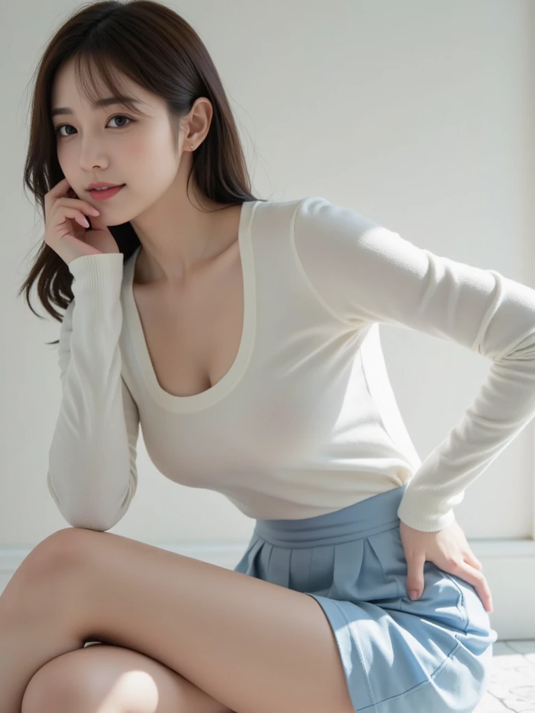 ulzzang-6500-v1.1, (RAW photo:1.2), (realistic), beautiful detailed girl, (genuine: 1.4), (()), muste piece, highest quality, beautiful girl, amazing beauty、curly hair, long hair, purple eyes, strapless blouse, long skirt, ( super realistic pantyhose:1.3),  smile of shame, Sitting on the windowsill、Full body Esbian、date, huge file size, High resolution, very detailed, highest quality, [masterpiece:1.6], enlightenment, very detailed, finely, highest quality, 8k wallpaper, movie lighting, 1 girl, 26 years old, perfect body shape, cute droopy eyes、beautiful big eyes、highest quality, 1 girl, (full body shot:1.2)、