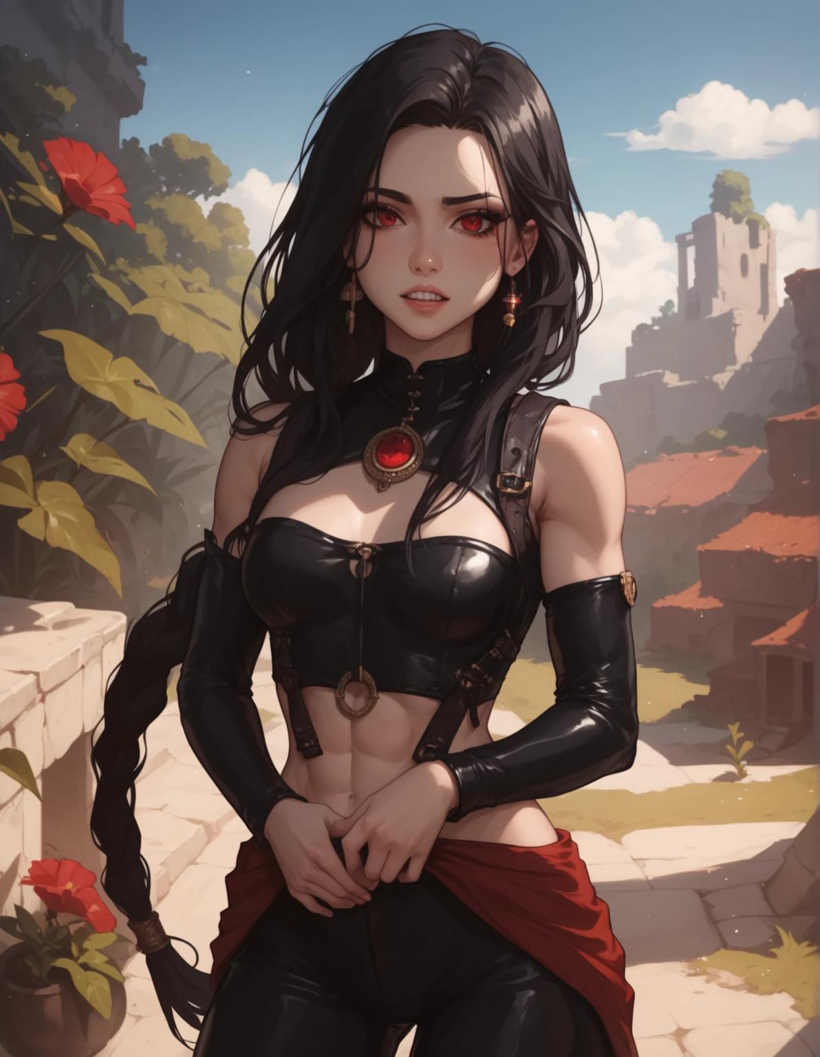 Pathfinder wraith of the righteous, female dhampir with pale skin tone and wavy hair and red eye color, looking over a medieval city with a pensive expression ,muscle, dark
