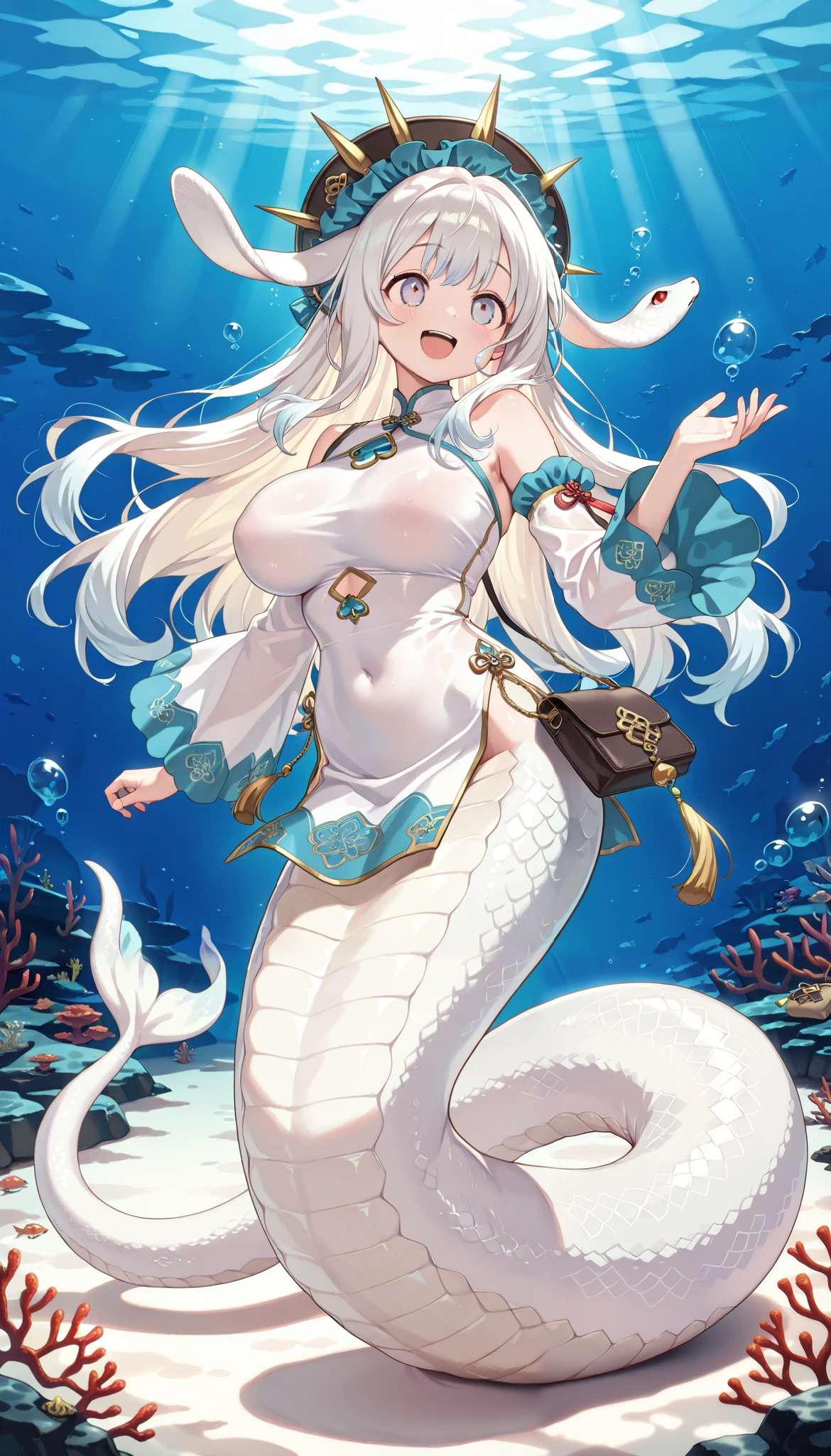 1 girl, Big Breasts , malice pawn march hare,alone, Smile, open mouth , white cheongsam ,Chinese cheongsam,(Underwater:1.2),full body photo, masterpiece,most,amazing quality,Very Beautiful,Ridiculous, Lamia,White snake girl tail,holding a student bag in her right hand,no legs