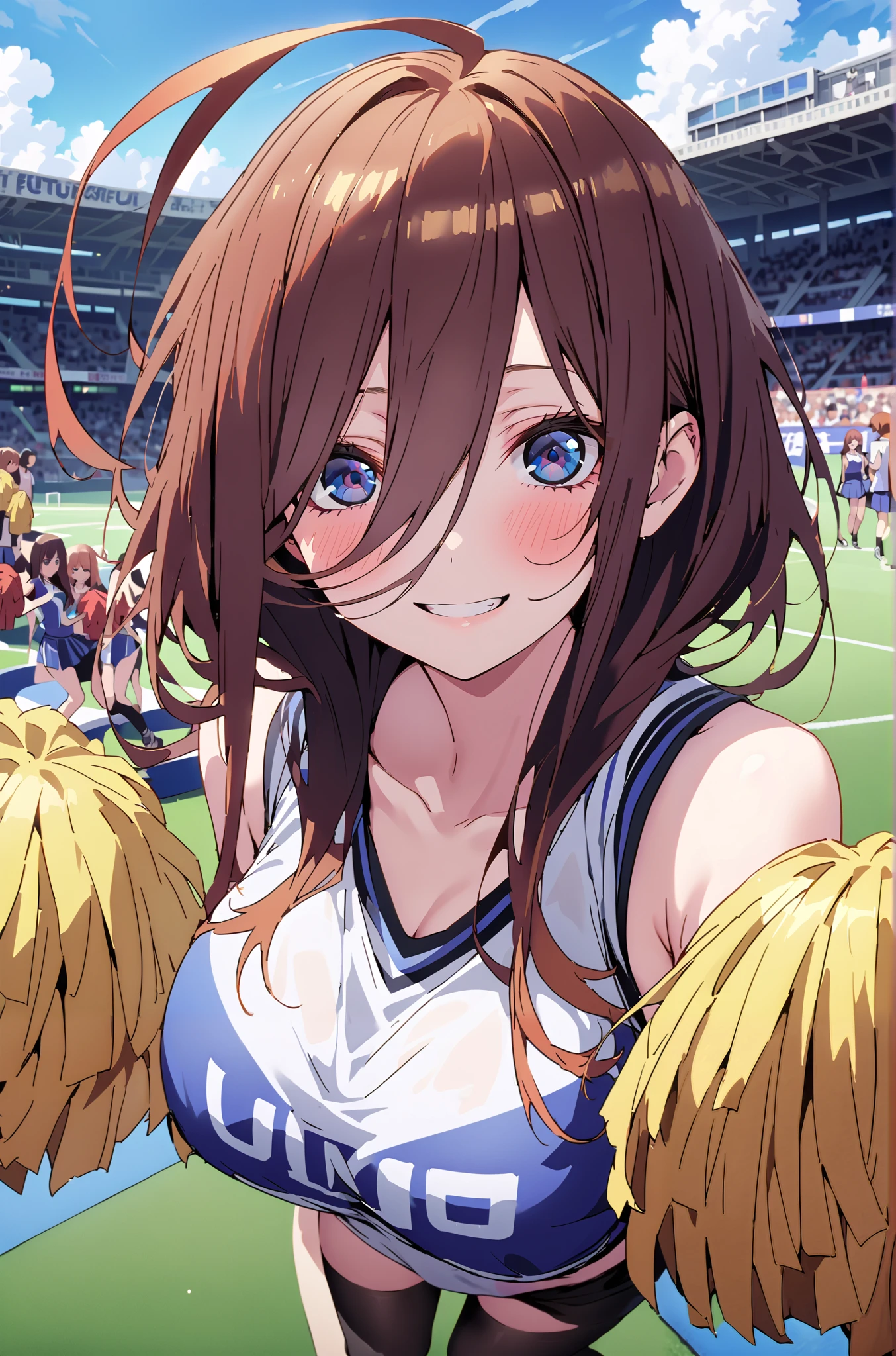 score_9, score_8_up, score_7_up, source_anime, Miku Nakano, Nakano Future, long hair, bungs, blue eyes, brown hair,Between the eyebrows,smile,blush,open their mouths,Big Breasts, (CHEERLEADING), (full body), on chest, (semen), semen Wet Clothes, (blue clothes),sleeveless, pleated skirt on indoor floor,black socks,sneakers,belly button sticking, playground, (jump), (jump), 足を曲げてjumpする, , blue sky, Compa, smile,cheerleader with radiant skin, Pom-pom \(CHEERLEADING\) real hair ornaments,audience,full bodyがイラストに入るように,break outdoors, Stadium,
break looking at viewer,
break (masterpiece:1.2),top quality , kampala, Unity 8K Wallpaper ,(shape:0.8),( fine, beautiful eyes :1.6),It's a person ,full body写真,CG Details , (perfect hands with full nudity,complete anatomy),