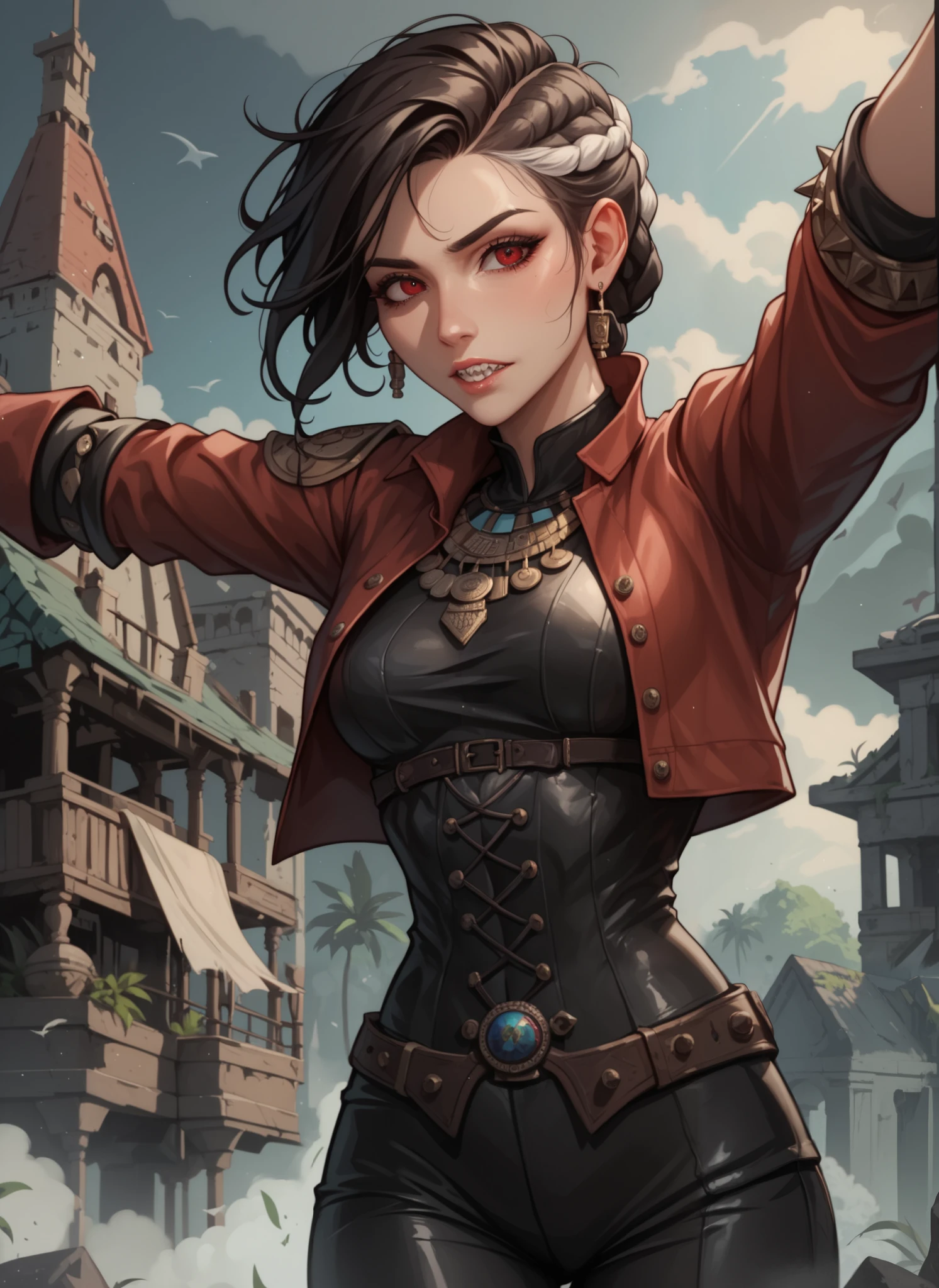 masterpiece, HD , great quality, very aesthetic, absurd, high contrast , high color palette , light glare ,Latest ,2.5D,Volummetric lighting, Sweet, jung, 1 girl, aztekisch, small breasts, red eyes,athletic body, aztekisch, white hair strands, look at the viewer, medieval leather clothing, Dreadlocks, shy, Anime shark teeth, background: jungle and Aztec ruins