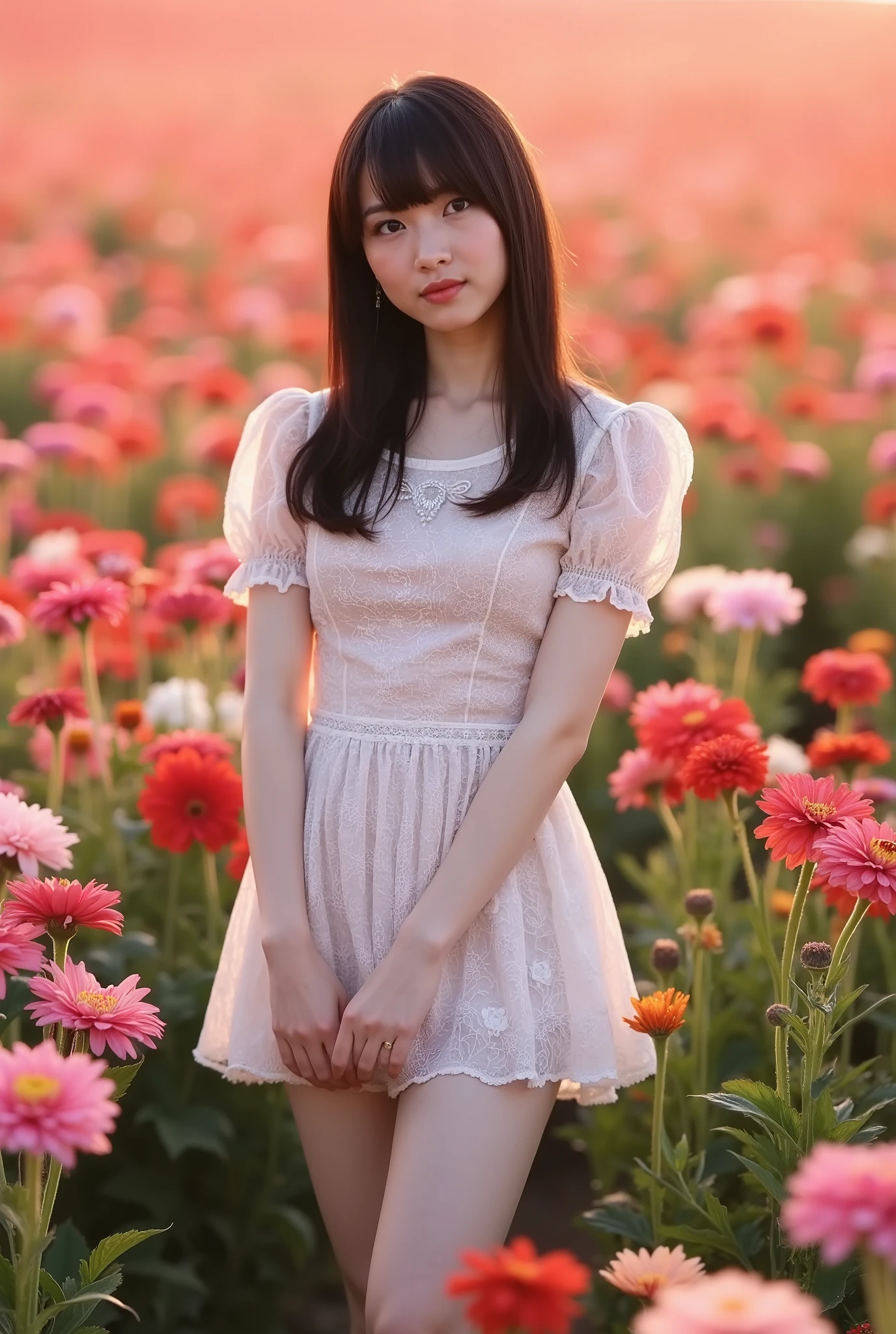 Create a portrait of a stunning Japanese idol wearing a cute mini dress, striking a pose. She has semi-long hair, a slender figure, small breasts, and thin legs. The background features a vast flower field bursting with vibrant colors, illuminated with cinematic lighting.