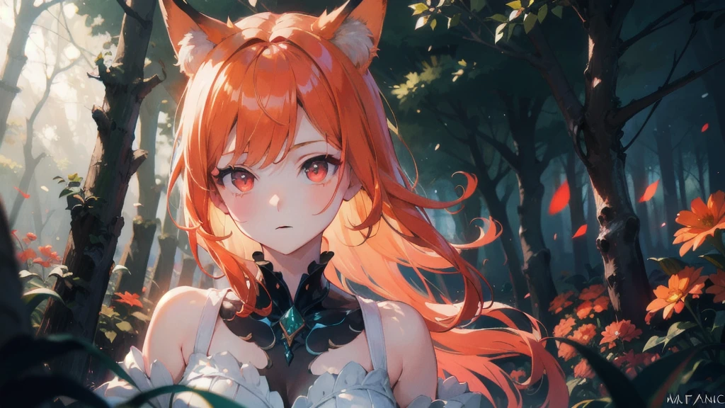 Volumetric Lighting, Best Shadows, Portrait Of Stunningly Beautiful Girl, Petite, Delicate Beautiful Attractive Face With Alluring Yellow Eyes, Small chest, small breasts, Short orange hair, , Thick , Slim Waist, Standing, (Highest Quality, Amazing Details:1.25), (Solo:1.3), Brilliant Colorful Paintings, anime character dressed in dress with a fox tail, kitsune, a beautiful fox lady, a beautiful kitsune woman, portrait, cowprint