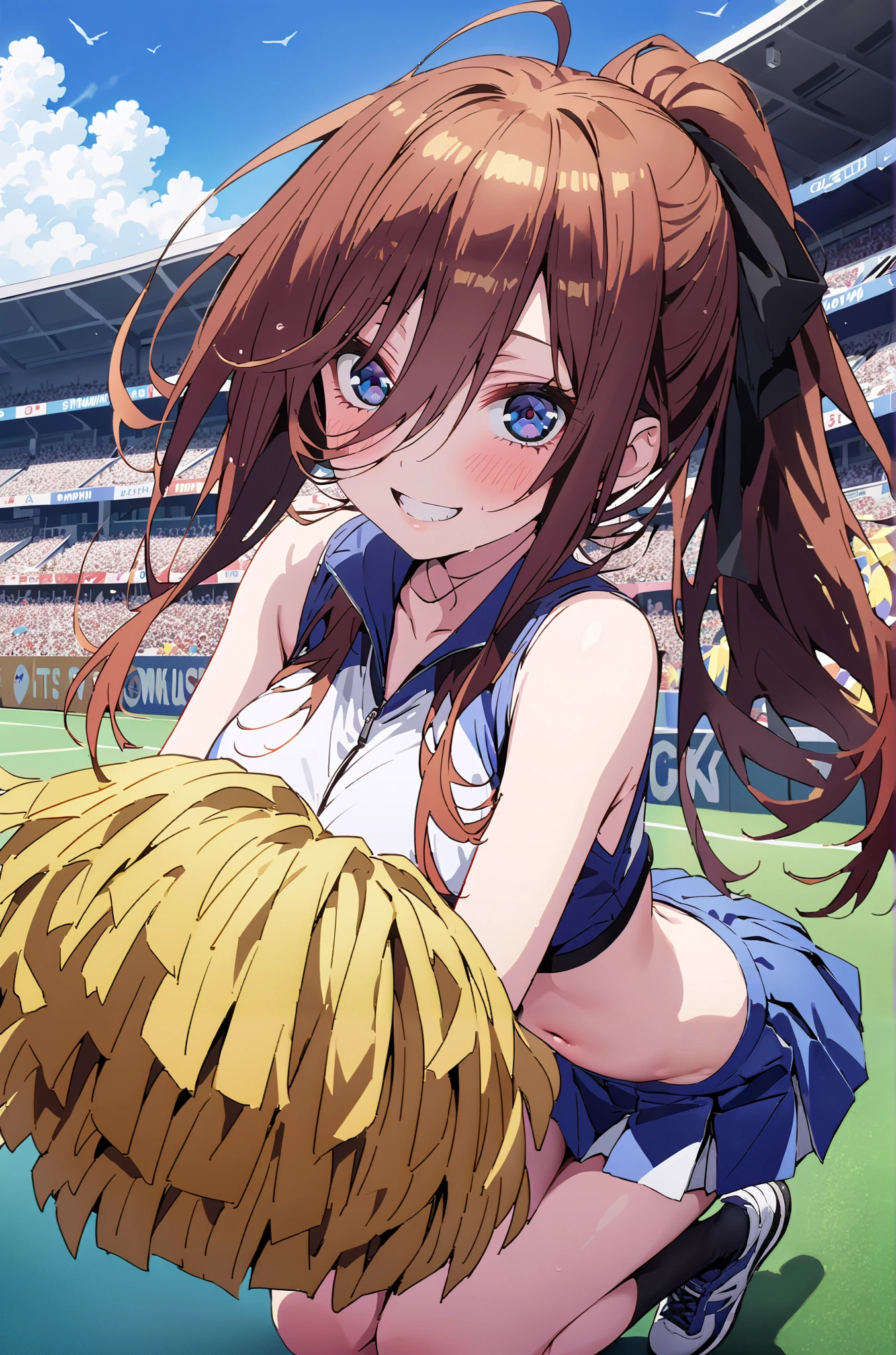 score_9, score_8_up, score_7_up, source_anime, Miku Nakano, Nakano Future, long hair, bungs, blue eyes, brown hair,ponytail,Between the eyebrows,smile,blush,open their mouths,Big Breasts, (CHEERLEADING), (full body), on chest, (semen), semen Wet Clothes, (blue clothes),sleeveless, pleated skirt on indoor floor,black socks,sneakers,belly button sticking, playground, (jump), (jump), 足を曲げてjumpする, , blue sky, Compa, smile,cheerleader with radiant skin, Pom-pom \(CHEERLEADING\) real hair ornaments,audience,full bodyがイラストに入るように,break outdoors, Stadium,
break looking at viewer,
break (masterpiece:1.2),top quality , kampala, Unity 8K Wallpaper ,(shape:0.8),( fine, beautiful eyes :1.6),It's a person ,full body写真,CG Details , (perfect hands with full nudity,complete anatomy),